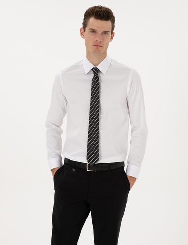 Beyaz %100 Pamuk Parlak Saten Slim Fit Uzun Kollu Basic Gömlek