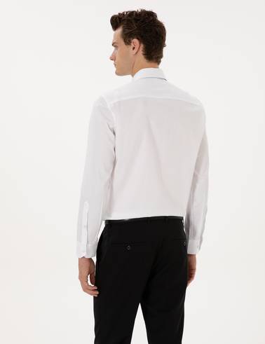 Beyaz %100 Pamuk Parlak Saten Slim Fit Uzun Kollu Basic Gömlek