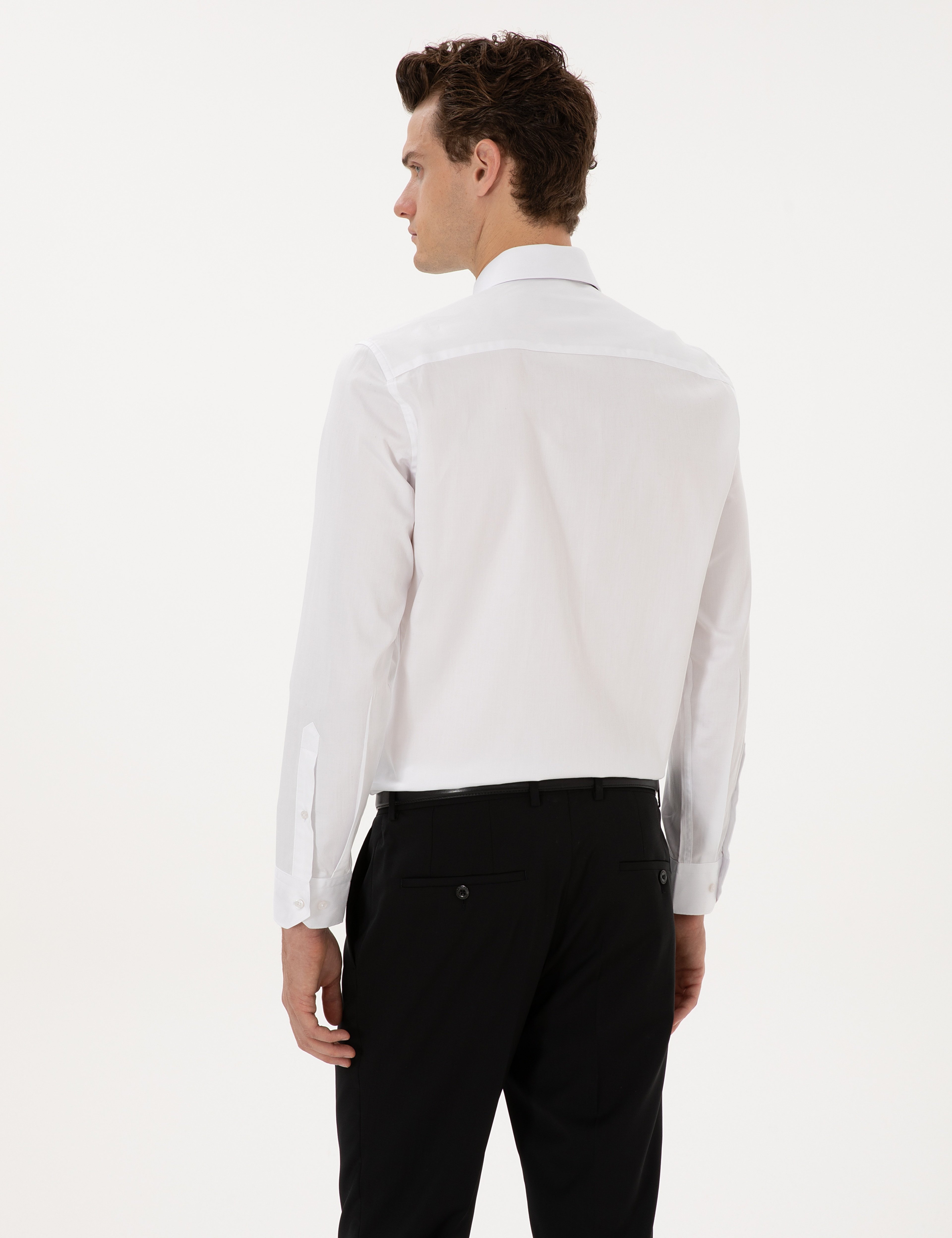 Beyaz %100 Pamuk Parlak Saten Slim Fit Uzun Kollu Basic Gömlek