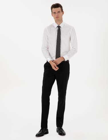 Beyaz %100 Pamuk Parlak Saten Slim Fit Uzun Kollu Basic Gömlek