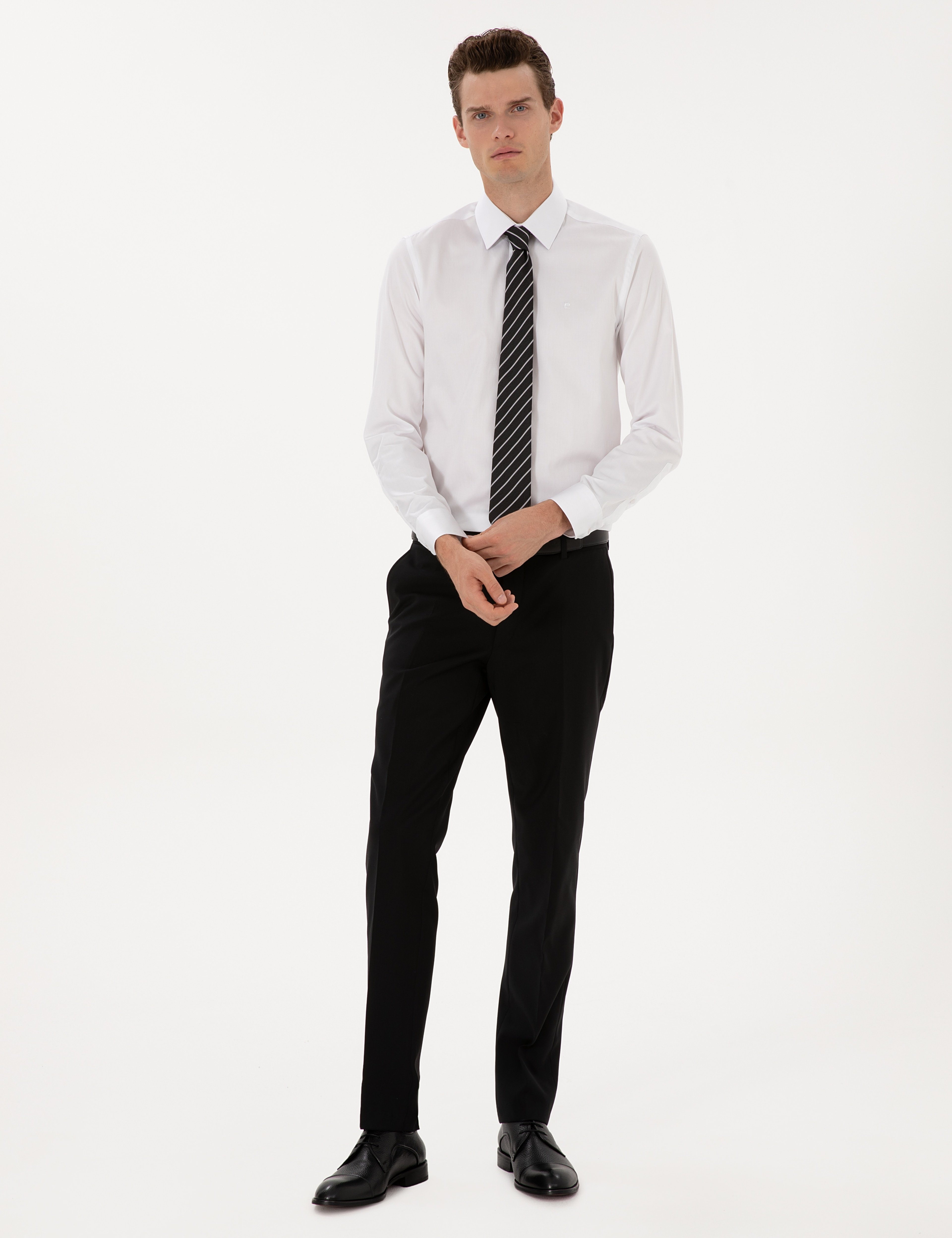 Beyaz %100 Pamuk Parlak Saten Slim Fit Uzun Kollu Basic Gömlek - Image 4