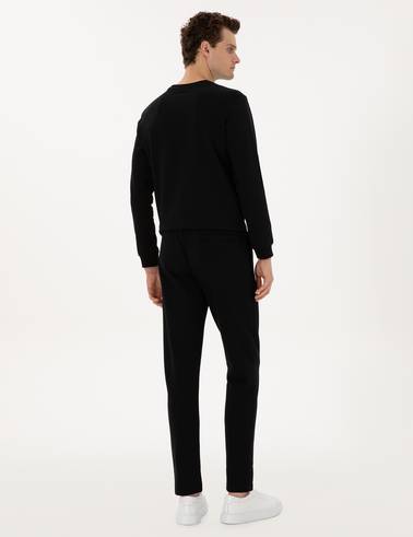 Siyah Slim Fit Nervürlü Düz Paça Eşofman Altı