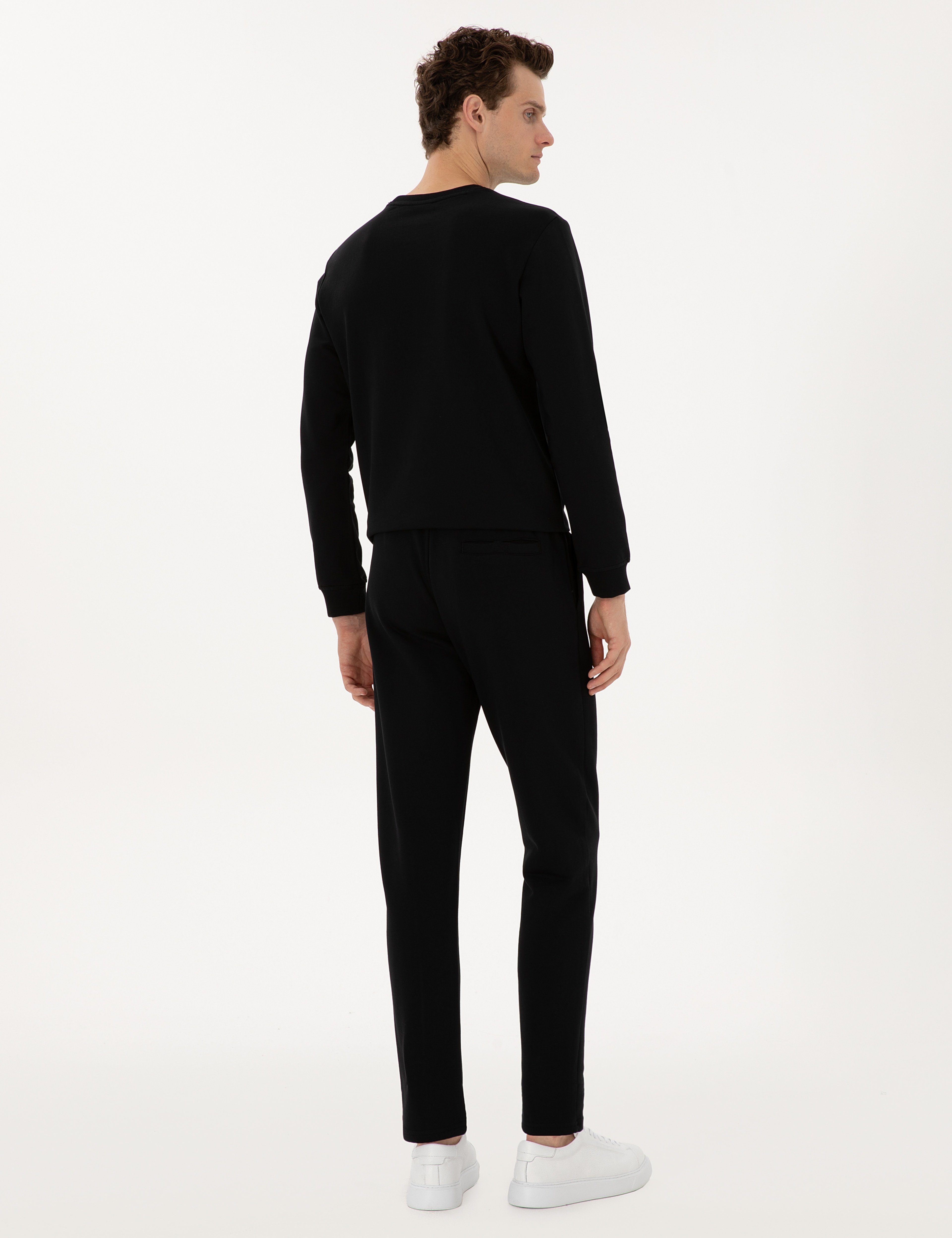 Siyah Slim Fit Nervürlü Düz Paça Eşofman Altı