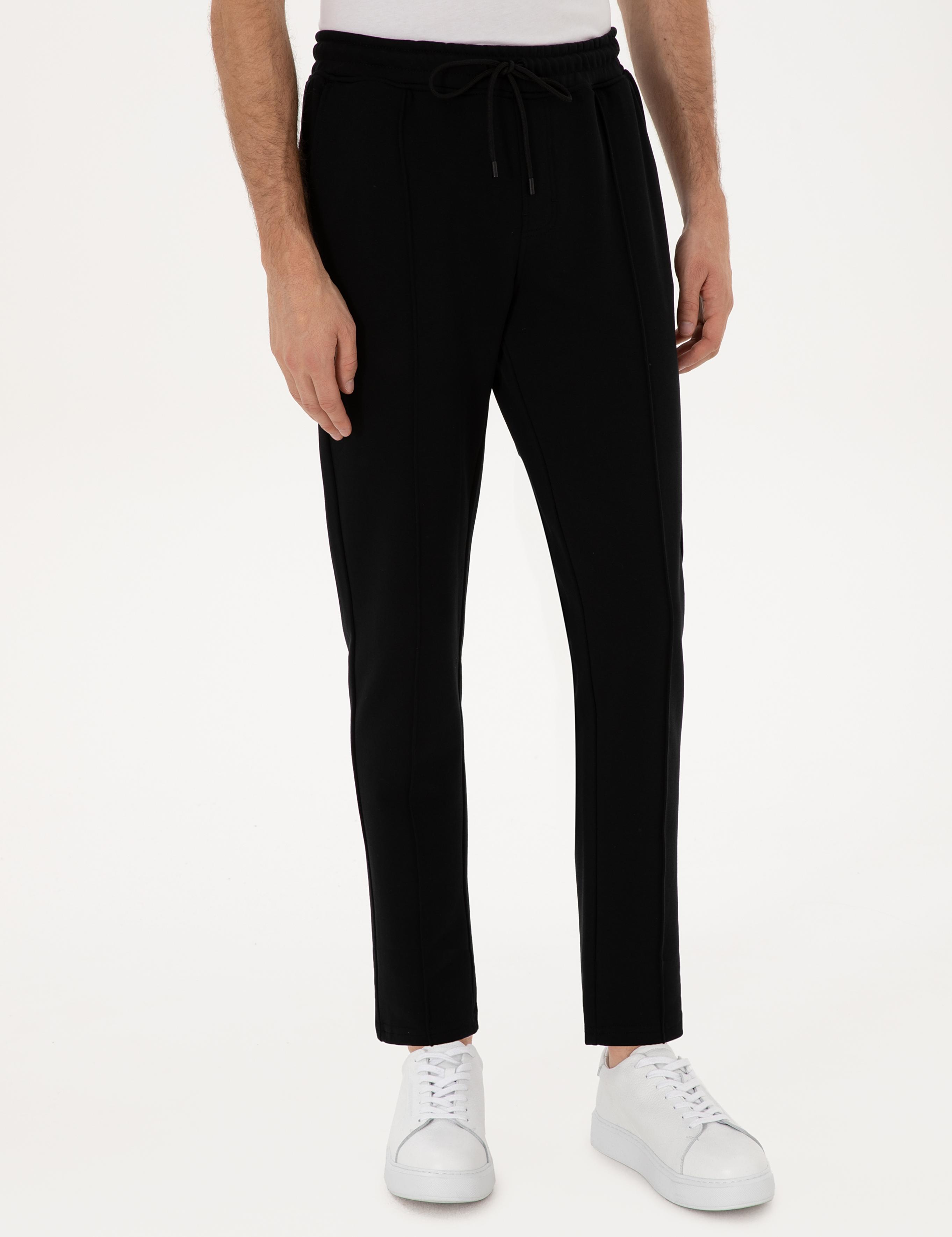 Siyah Slim Fit Nervürlü Düz Paça Eşofman Altı