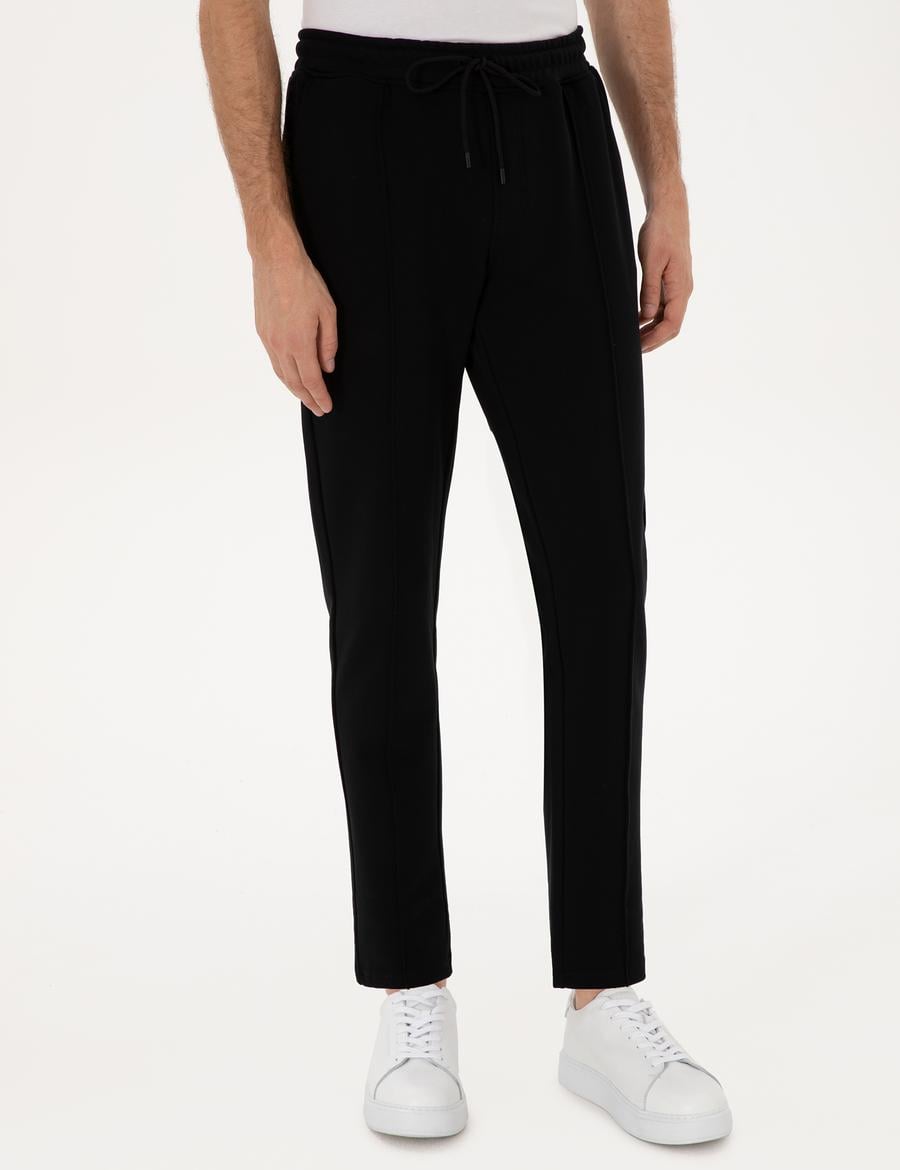 Siyah Slim Fit Nervürlü Düz Paça Eşofman Altı