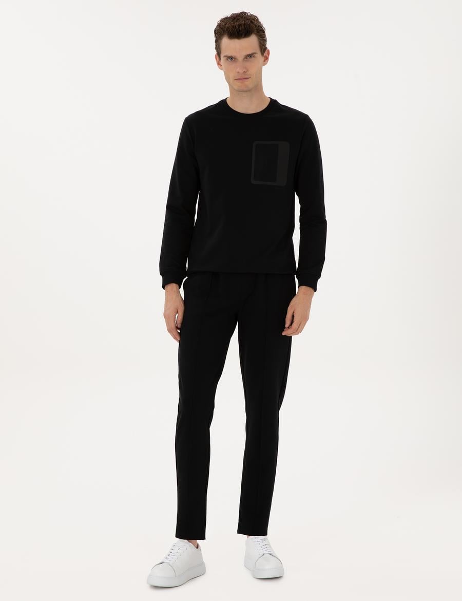 Siyah Slim Fit Nervürlü Düz Paça Eşofman Altı