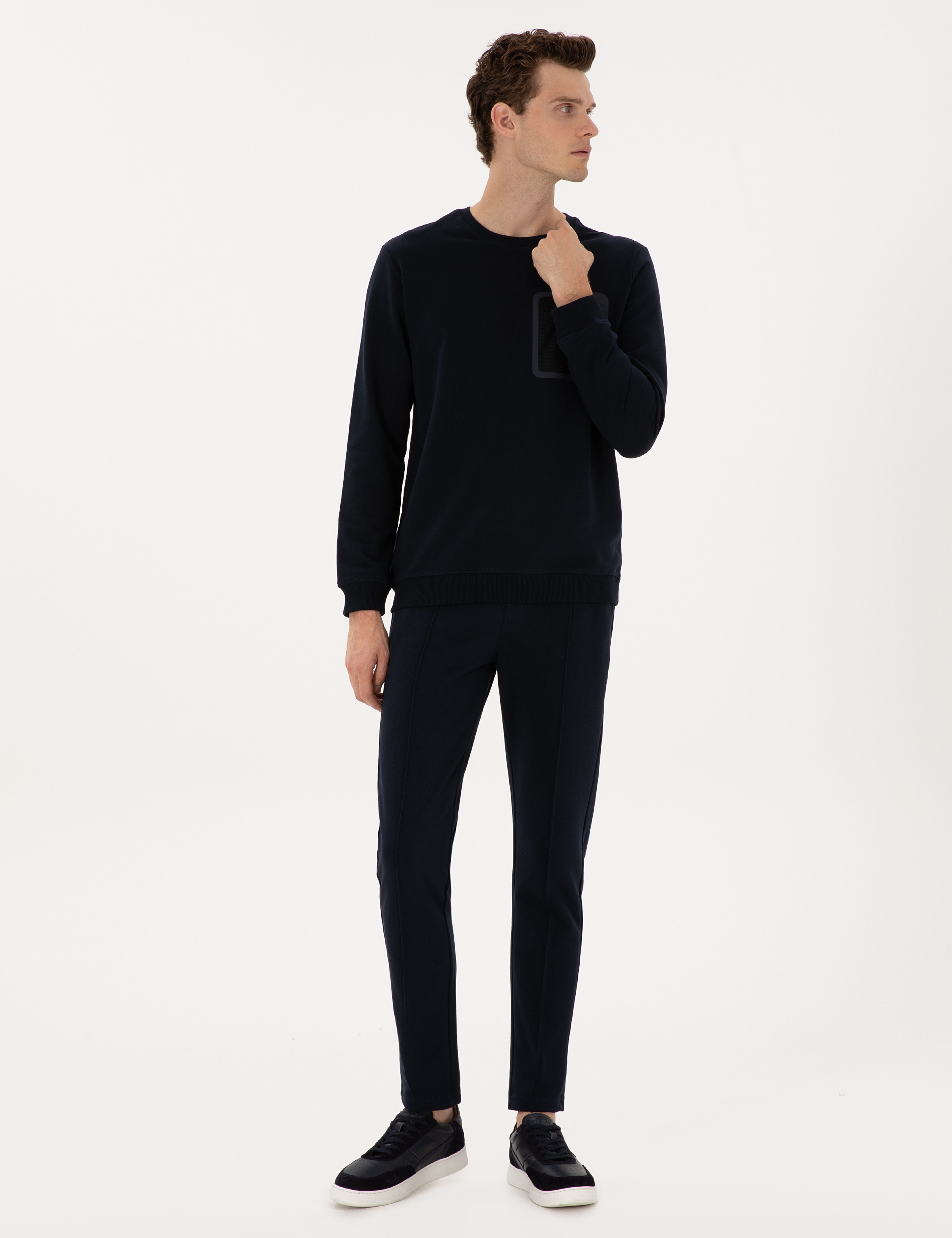 Lacivert Slim Fit Nervürlü Düz Paça Eşofman Altı