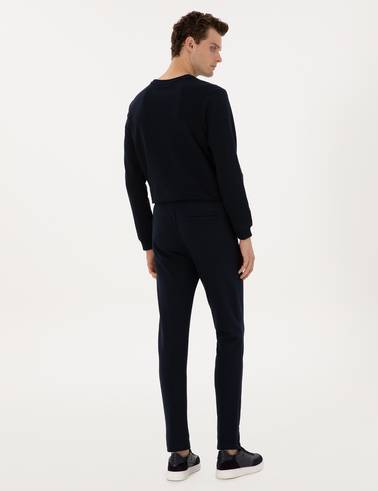 Lacivert Slim Fit Nervürlü Düz Paça Eşofman Altı