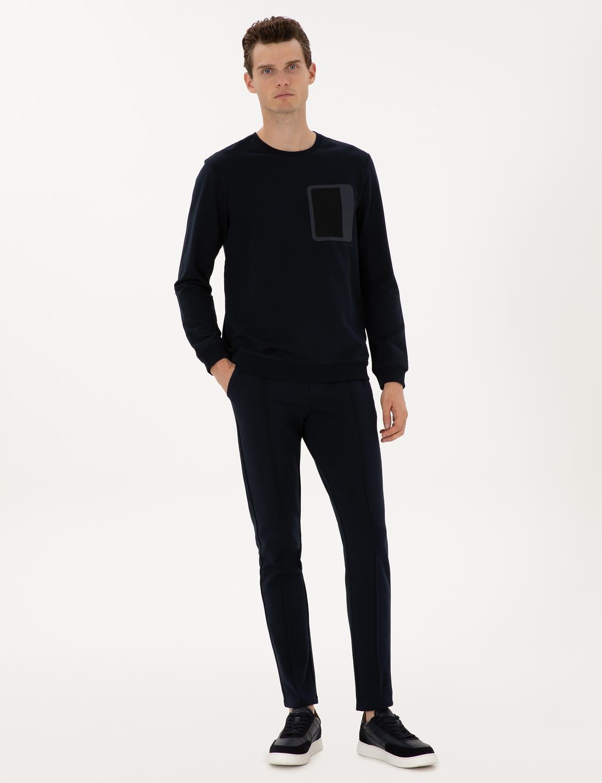 Lacivert Slim Fit Nervürlü Düz Paça Eşofman Altı