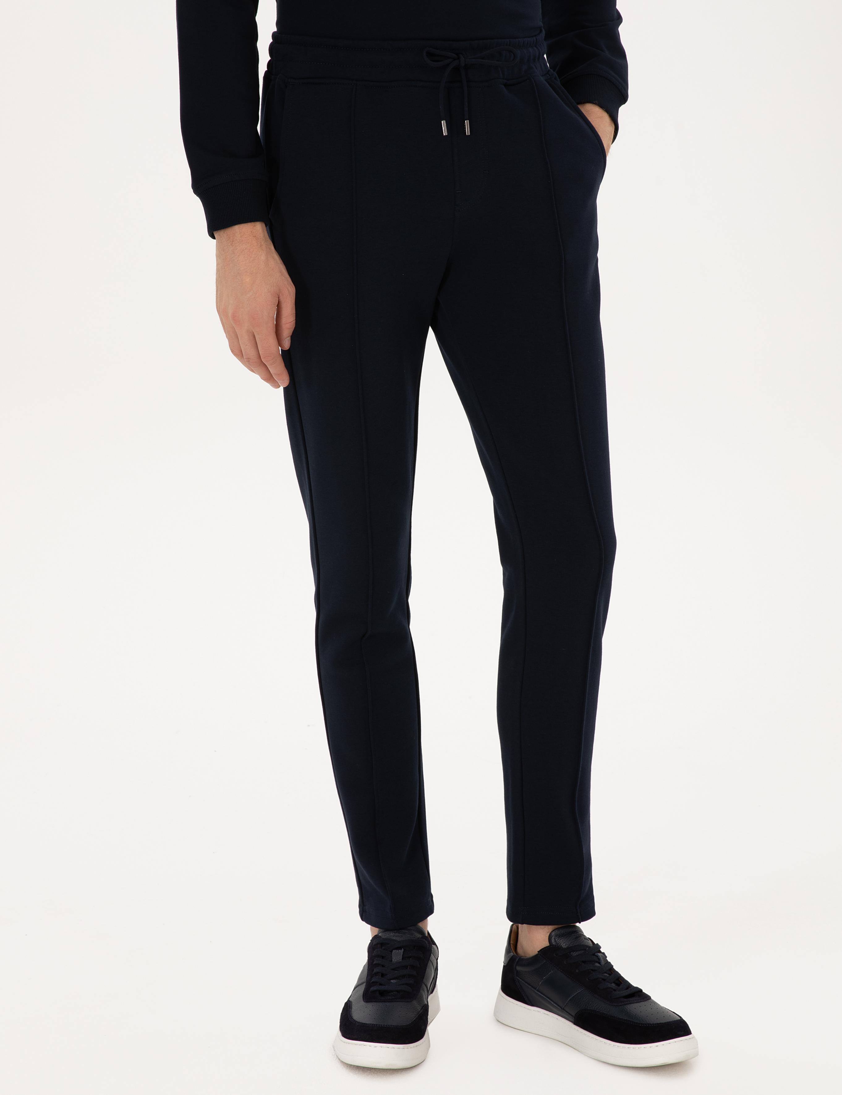 Lacivert Slim Fit Nervürlü Düz Paça Eşofman Altı