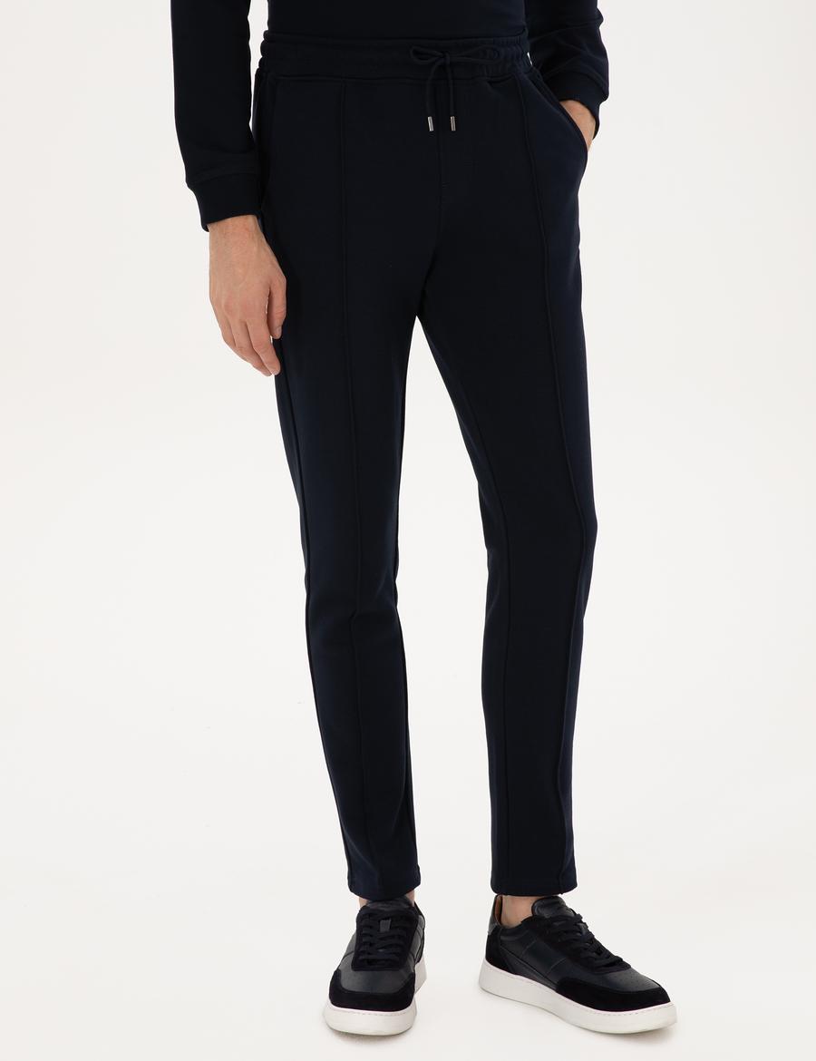 Lacivert Slim Fit Nervürlü Düz Paça Eşofman Altı