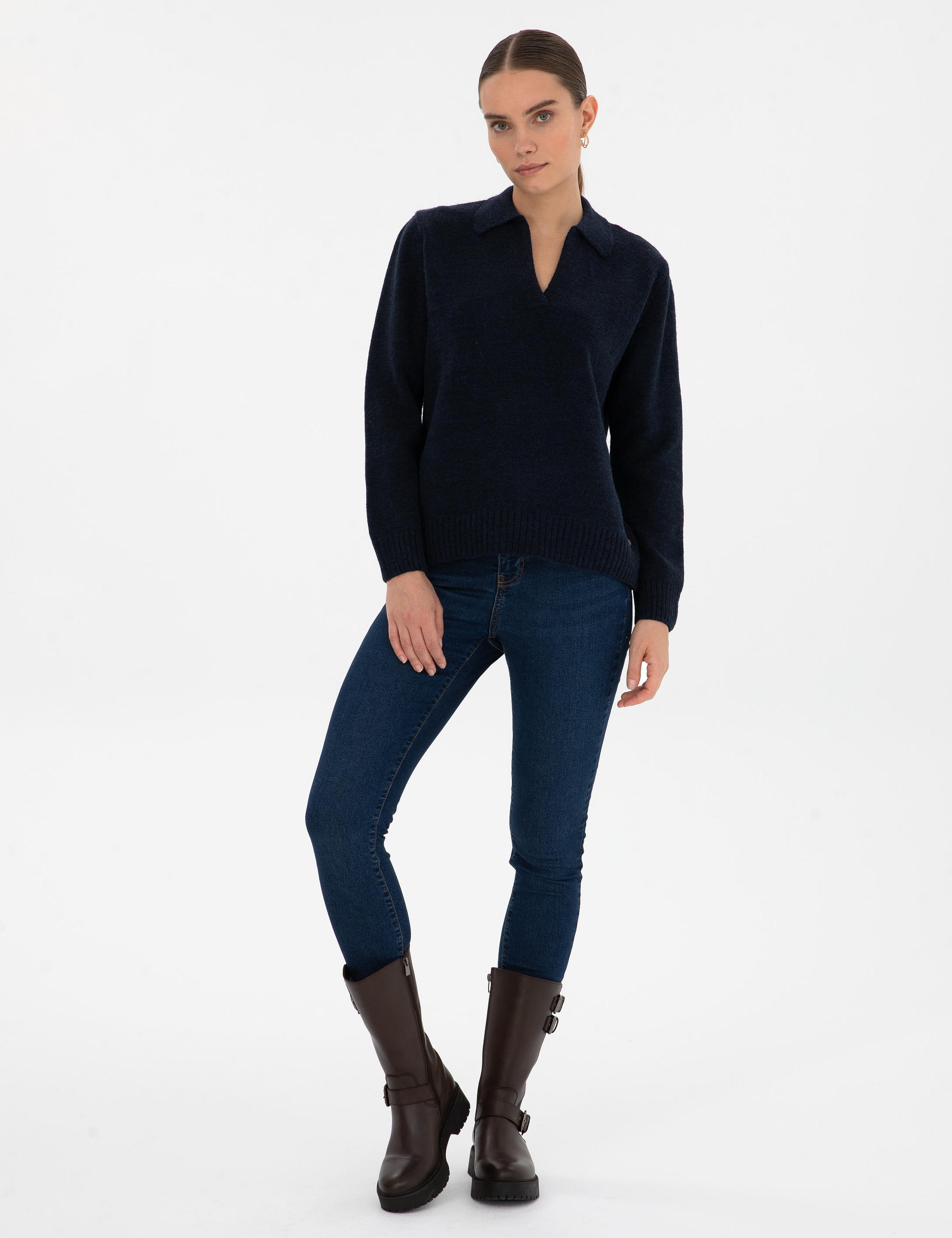 Lacivert Comfort Fit Polo Yaka Kazak