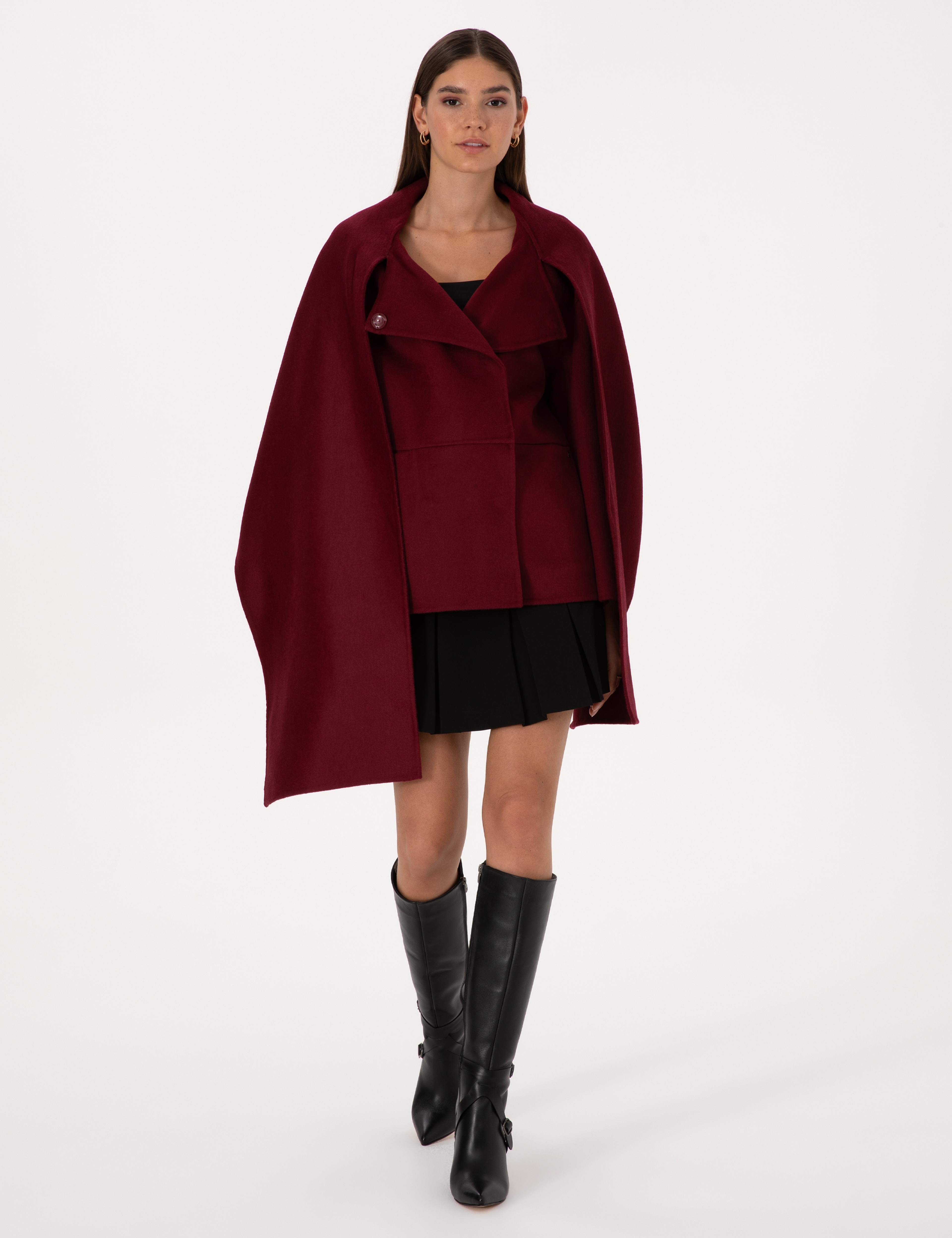 Bordo Comfort Fit Yün Karışımlı Kaşe Kaban