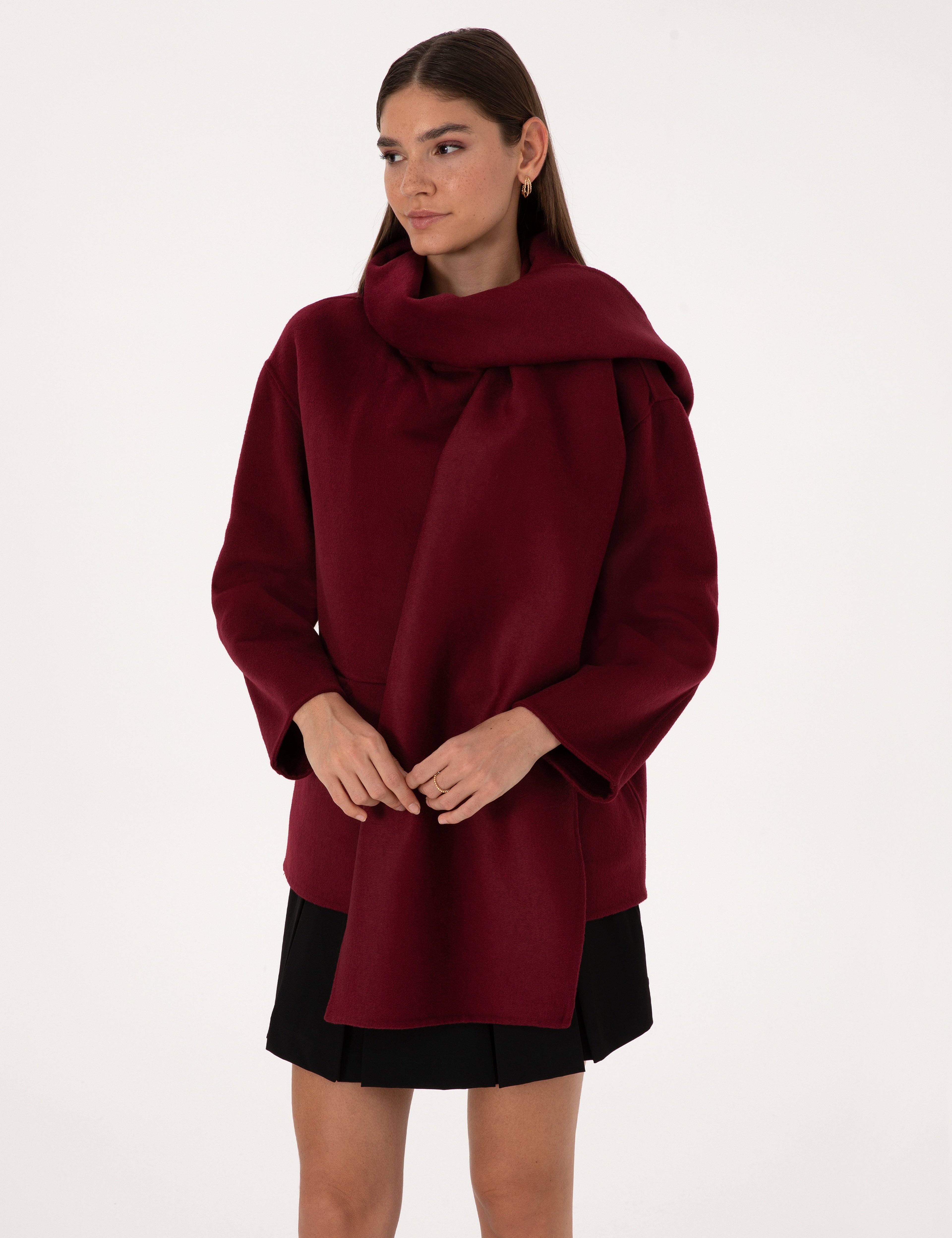 Bordo Comfort Fit Yün Karışımlı Kaşe Kaban