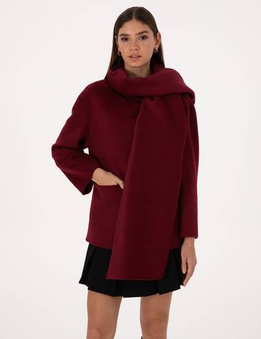 Bordo Comfort Fit Yün Karışımlı Kaşe Kaban