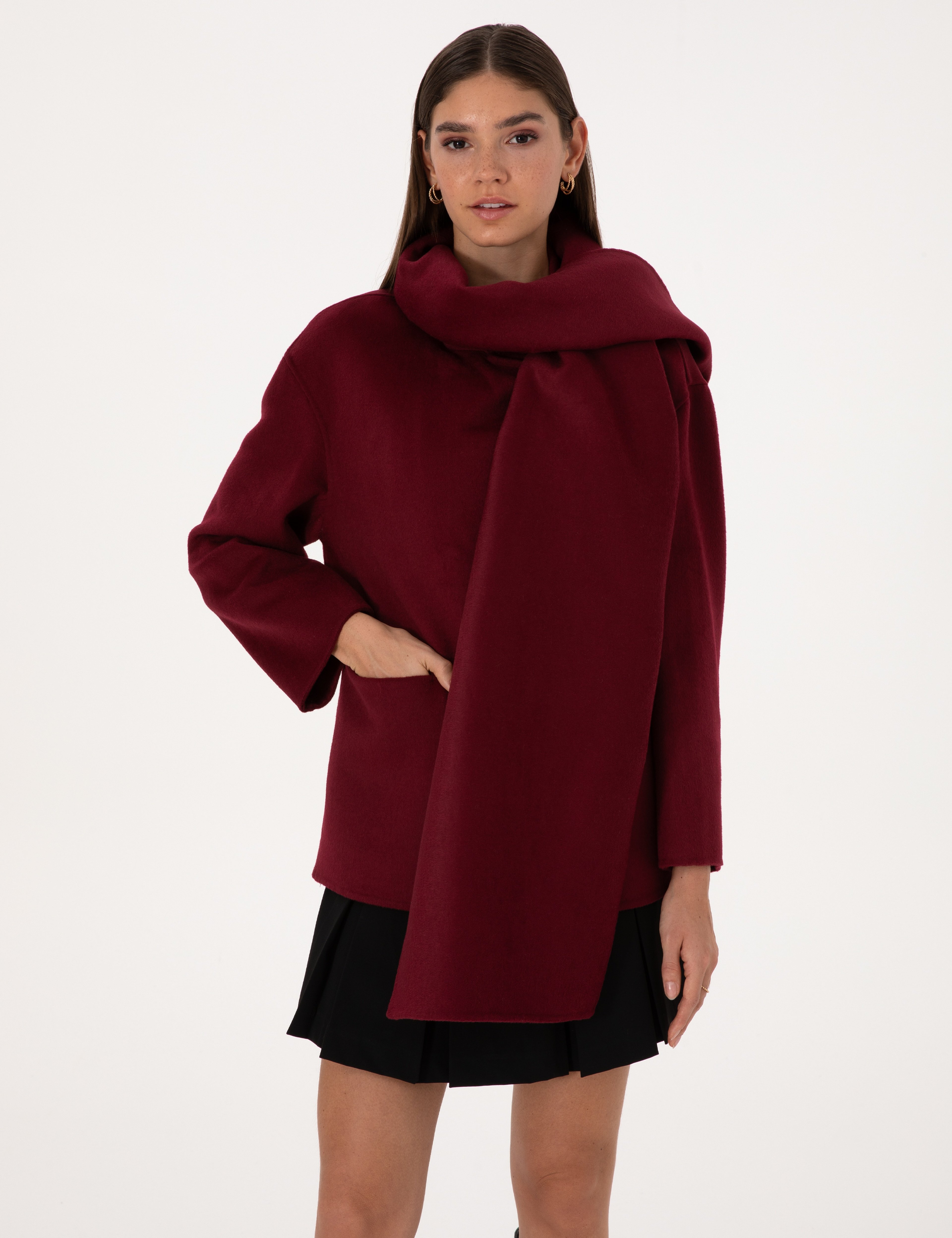 Bordo Comfort Fit Yün Karışımlı Kaşe Kaban - Image 1