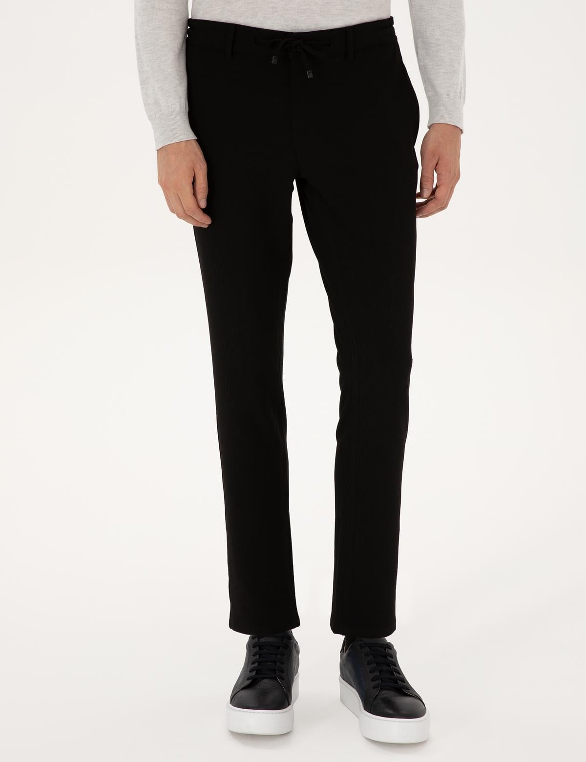 Siyah Slim Fit Beli Lastikli Kordonlu Kanvas Pantolon - 50309926124