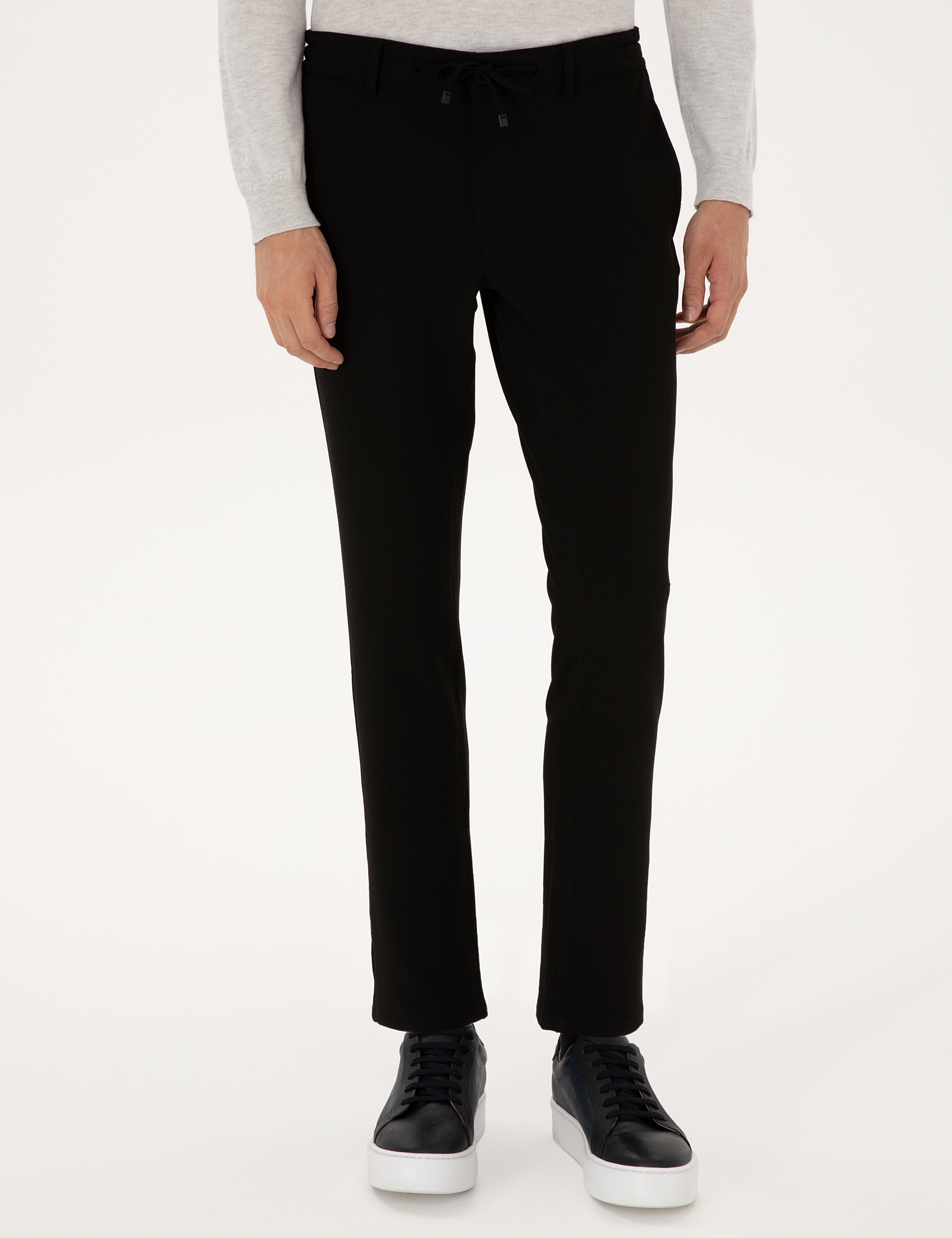 Siyah Slim Fit Beli Lastikli Kordonlu Kanvas Pantolon - Image 2