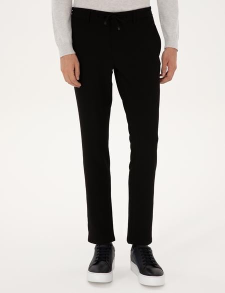 Siyah Slim Fit Beli Lastikli Kordonlu Kanvas Pantolon - 50309926124
