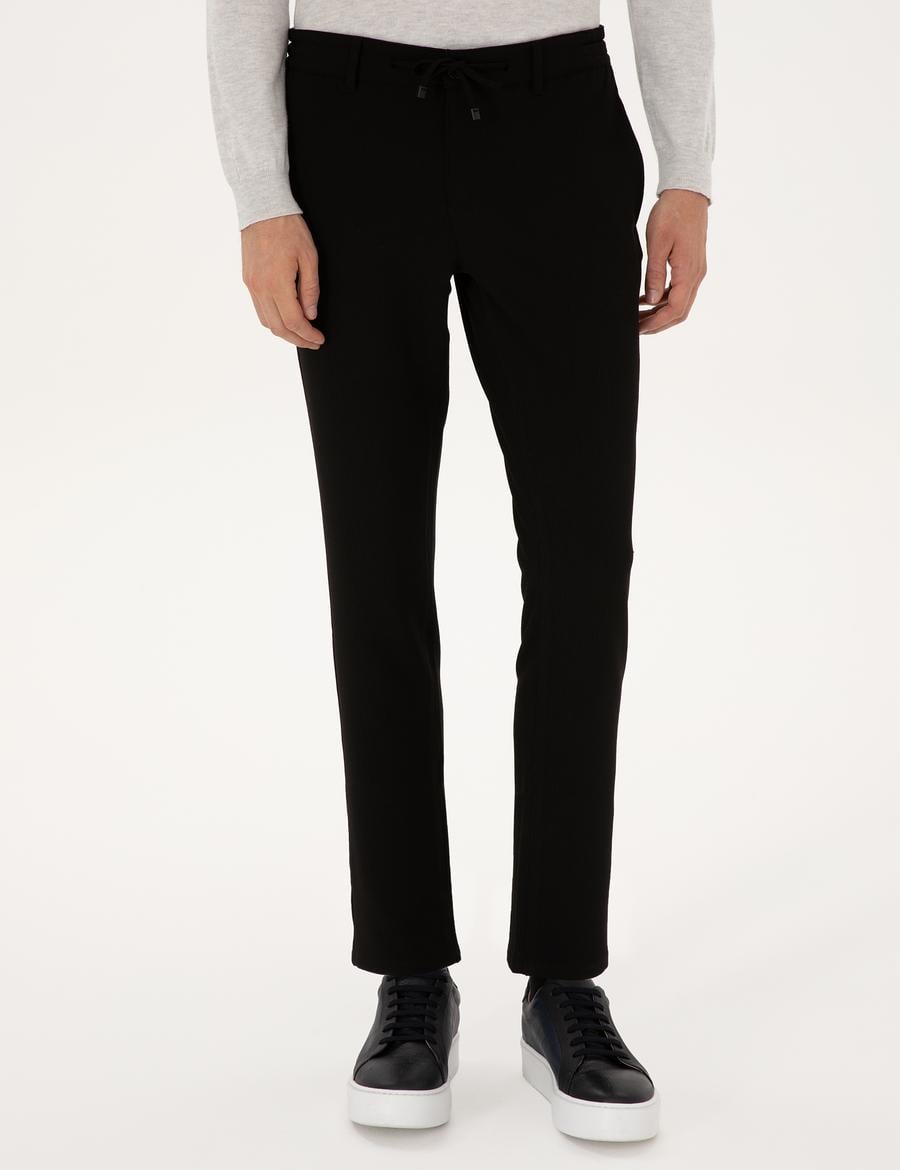 Siyah Slim Fit Beli Lastikli Kordonlu Kanvas Pantolon