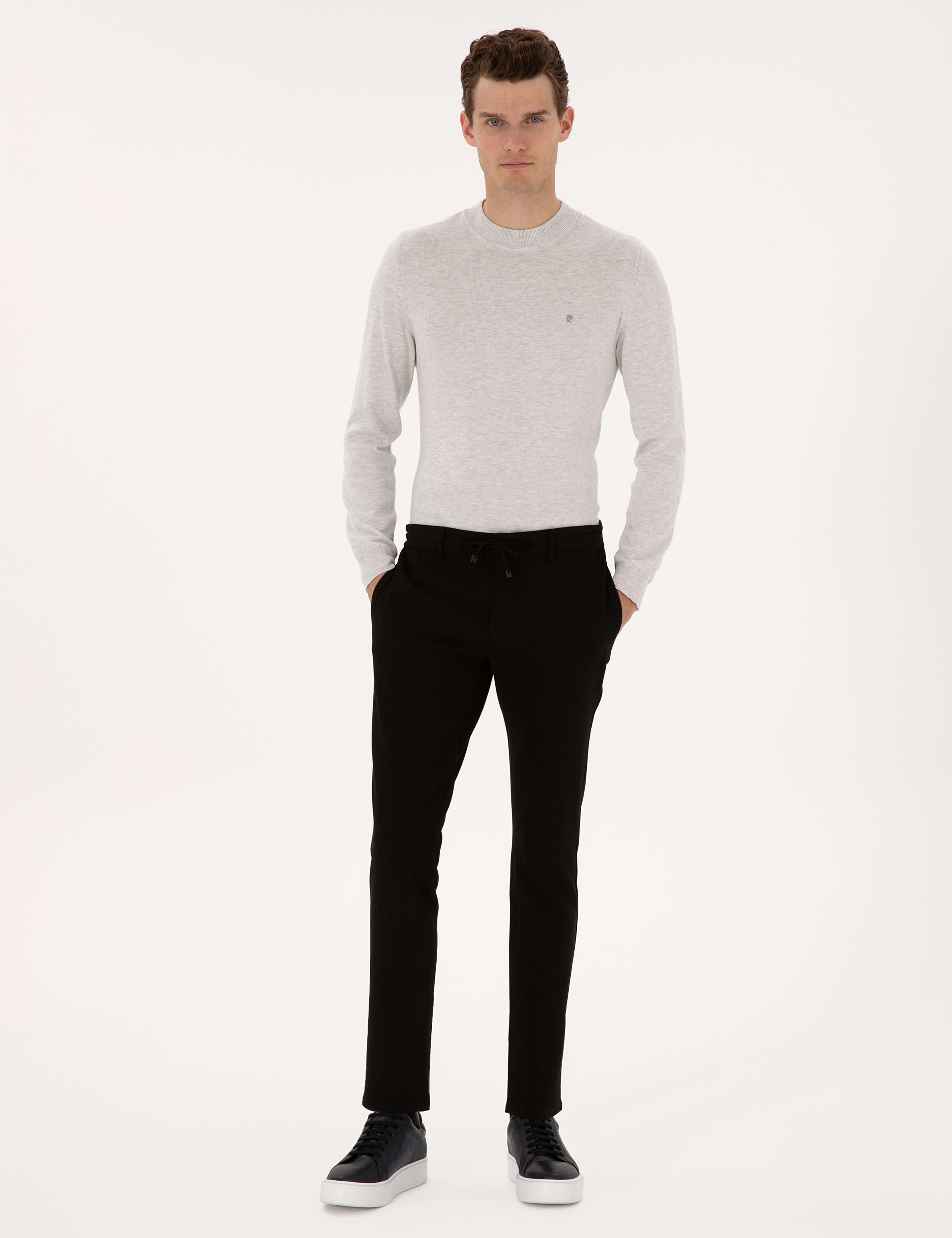 Siyah Slim Fit Beli Lastikli Kordonlu Kanvas Pantolon - Image 1
