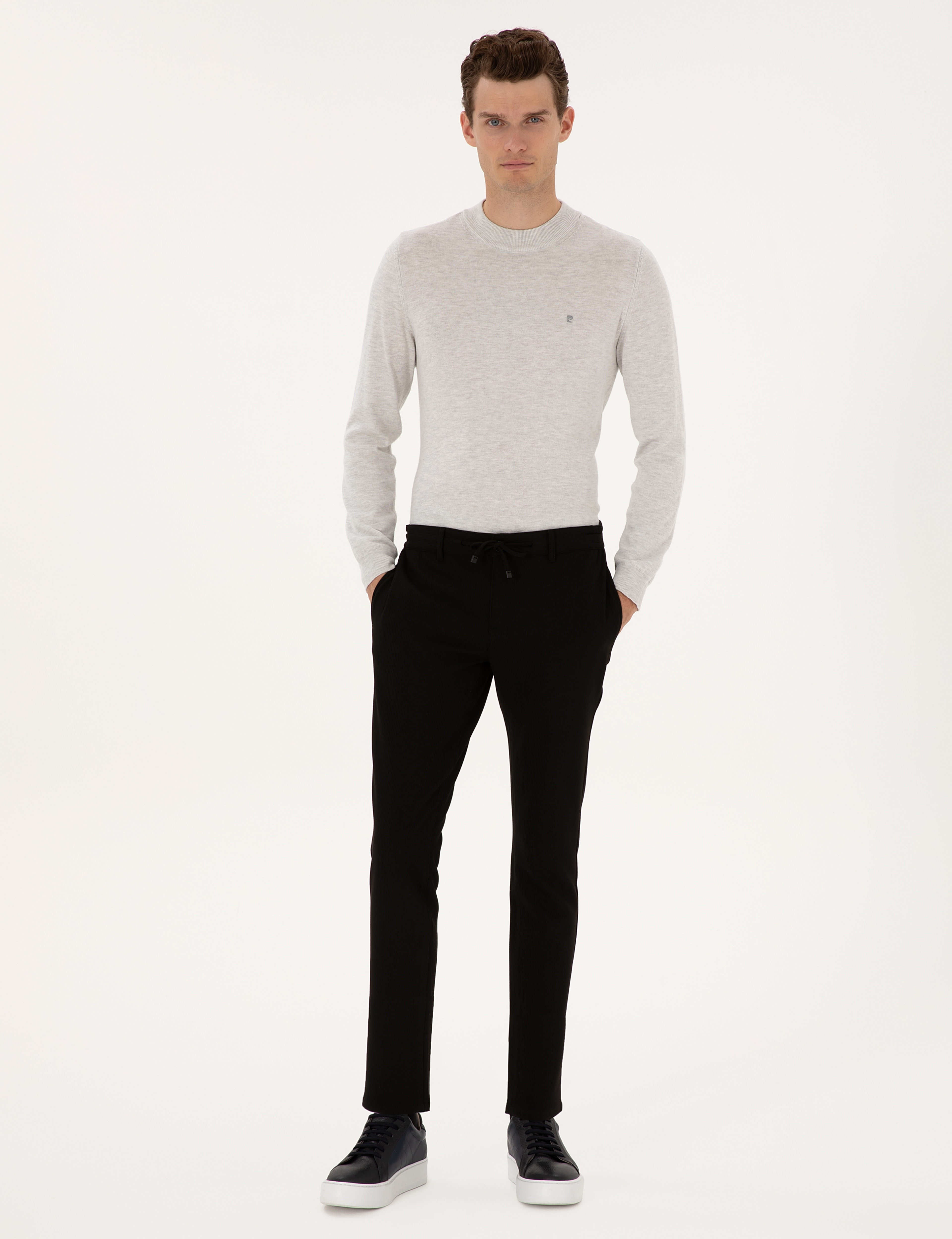 Siyah Slim Fit Beli Lastikli Kordonlu Kanvas Pantolon