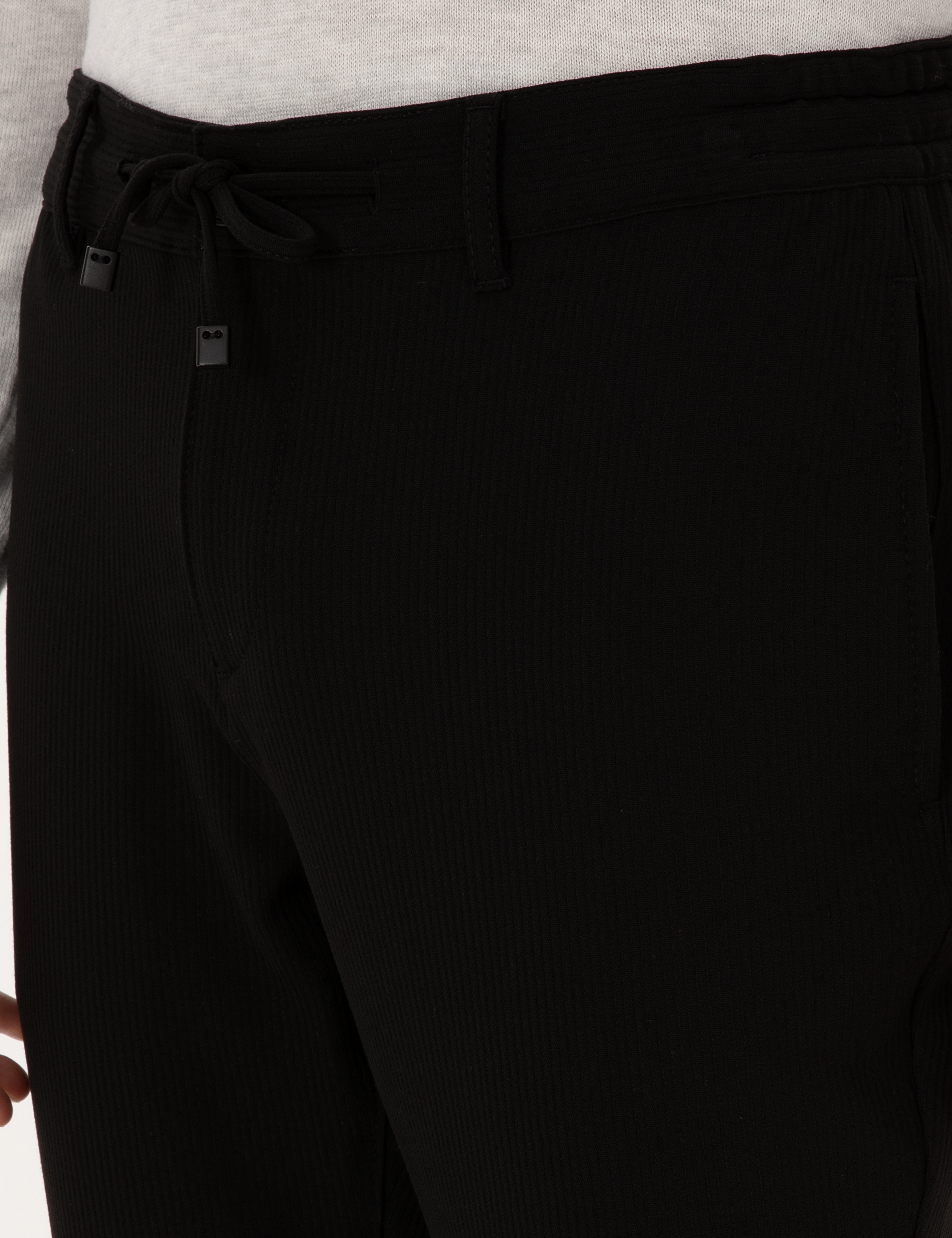 Siyah Slim Fit Beli Lastikli Kordonlu Kanvas Pantolon - Image 5