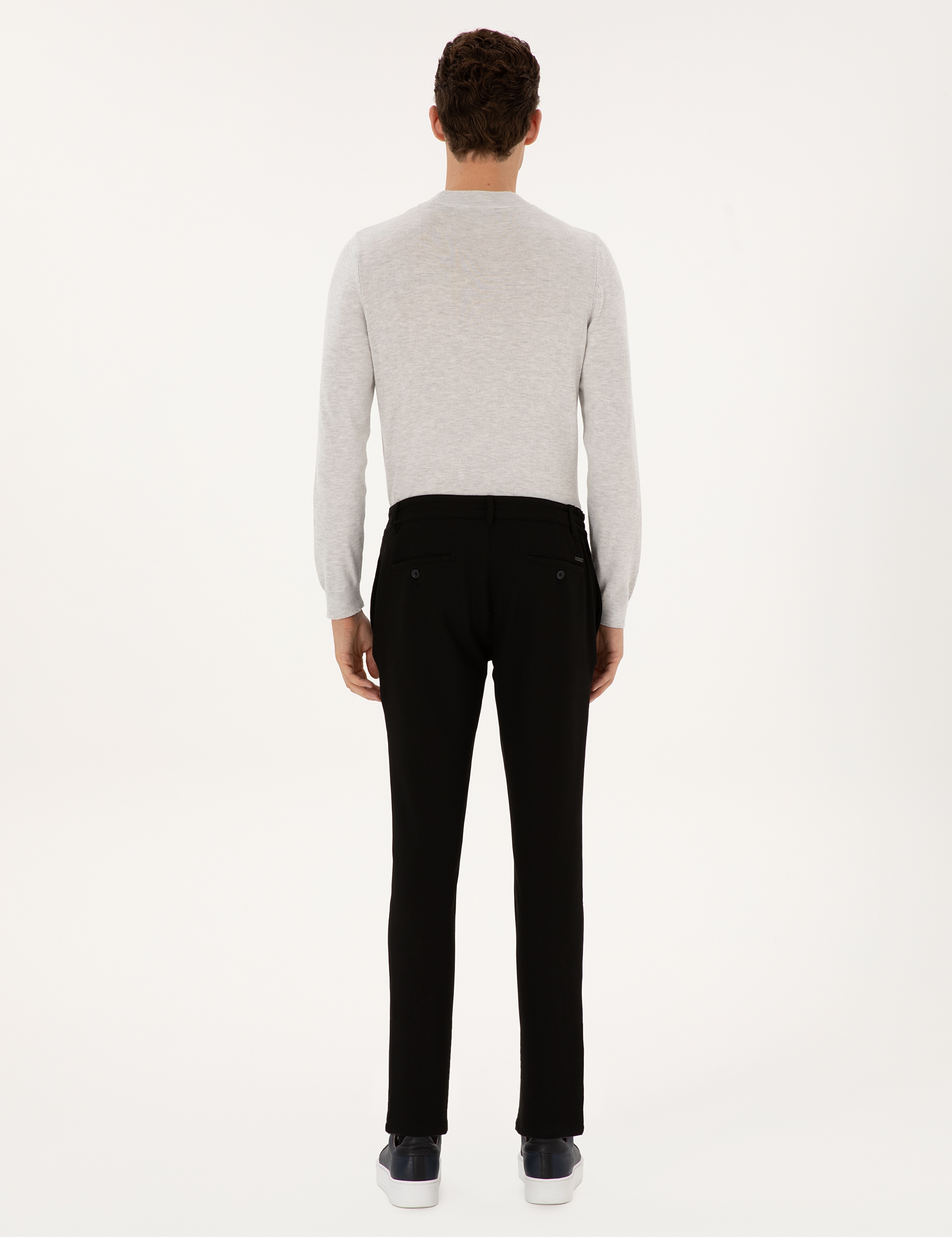 Siyah Slim Fit Beli Lastikli Kordonlu Kanvas Pantolon - Image 4