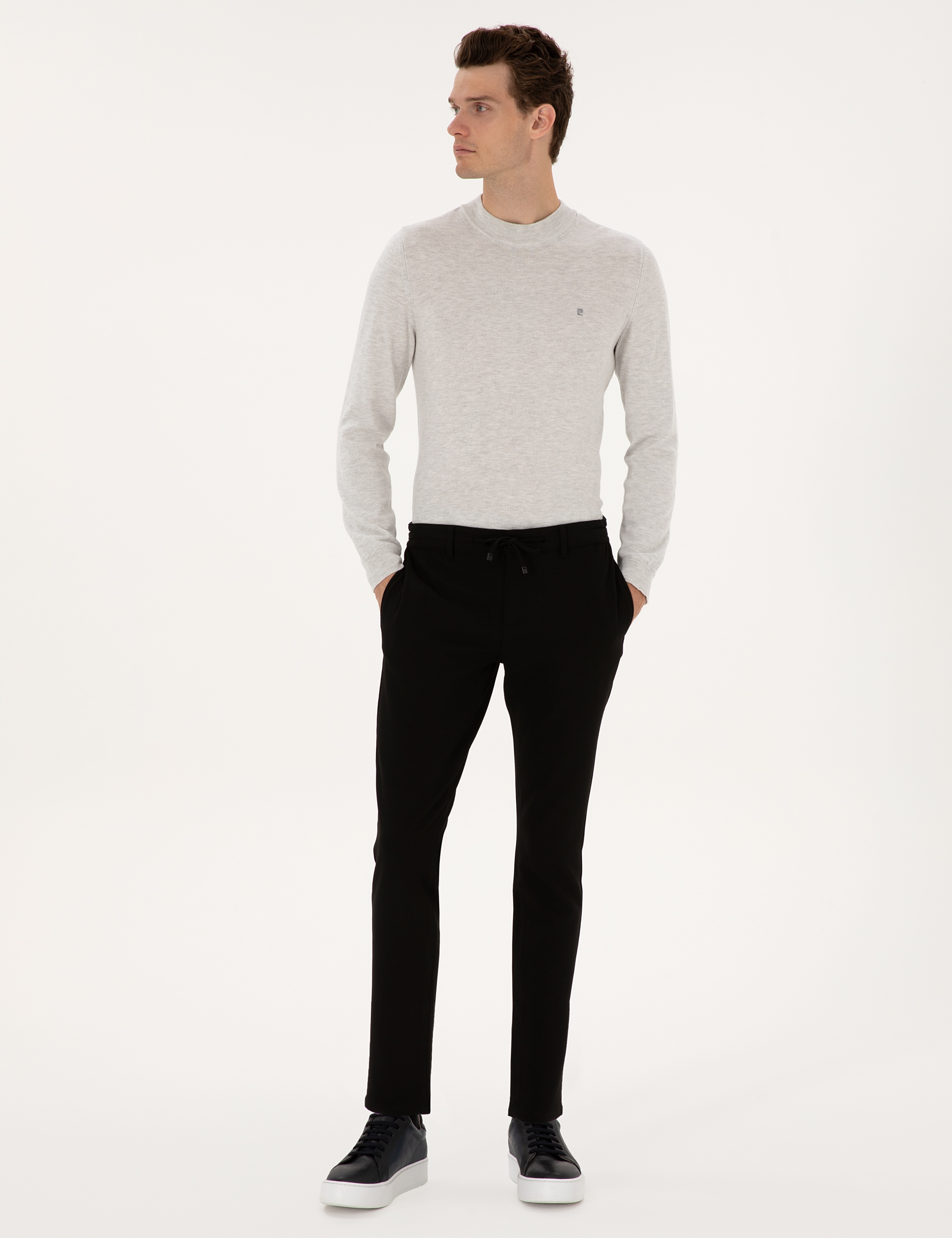 Siyah Slim Fit Beli Lastikli Kordonlu Kanvas Pantolon - Image 3