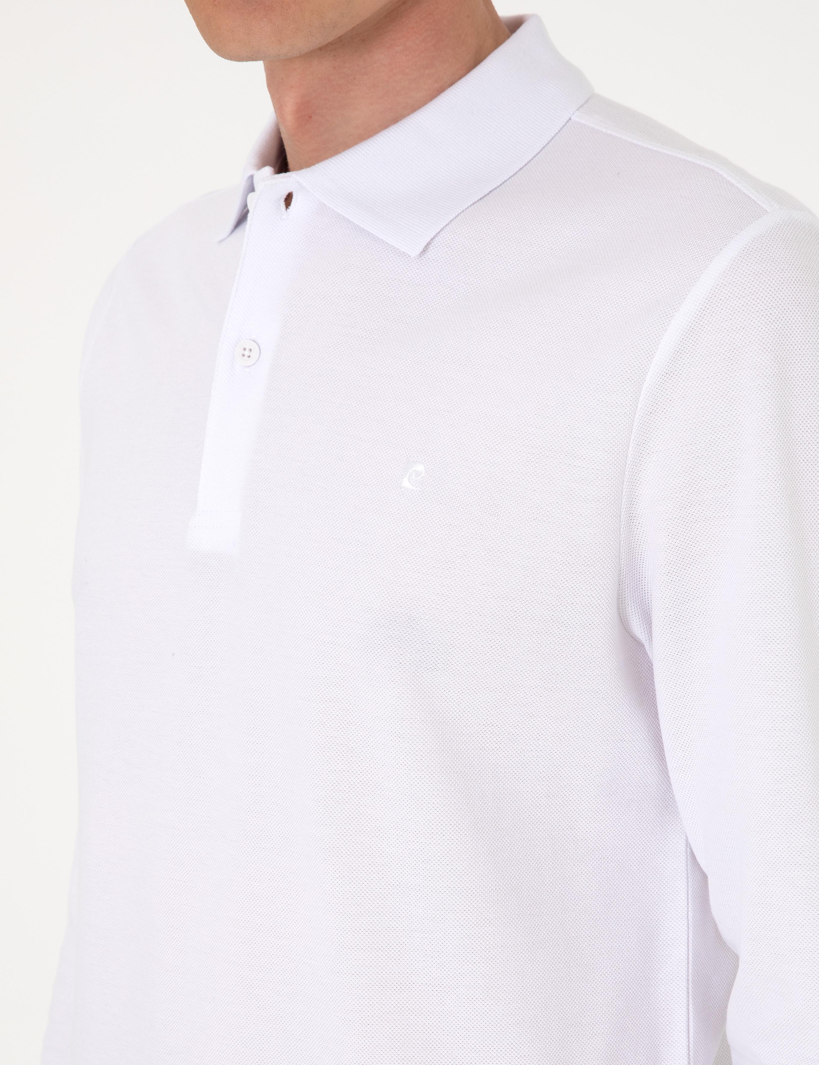 Beyaz Slim Fit Kıvrılmaz Polo Yaka Basic Pike Sweatshirt