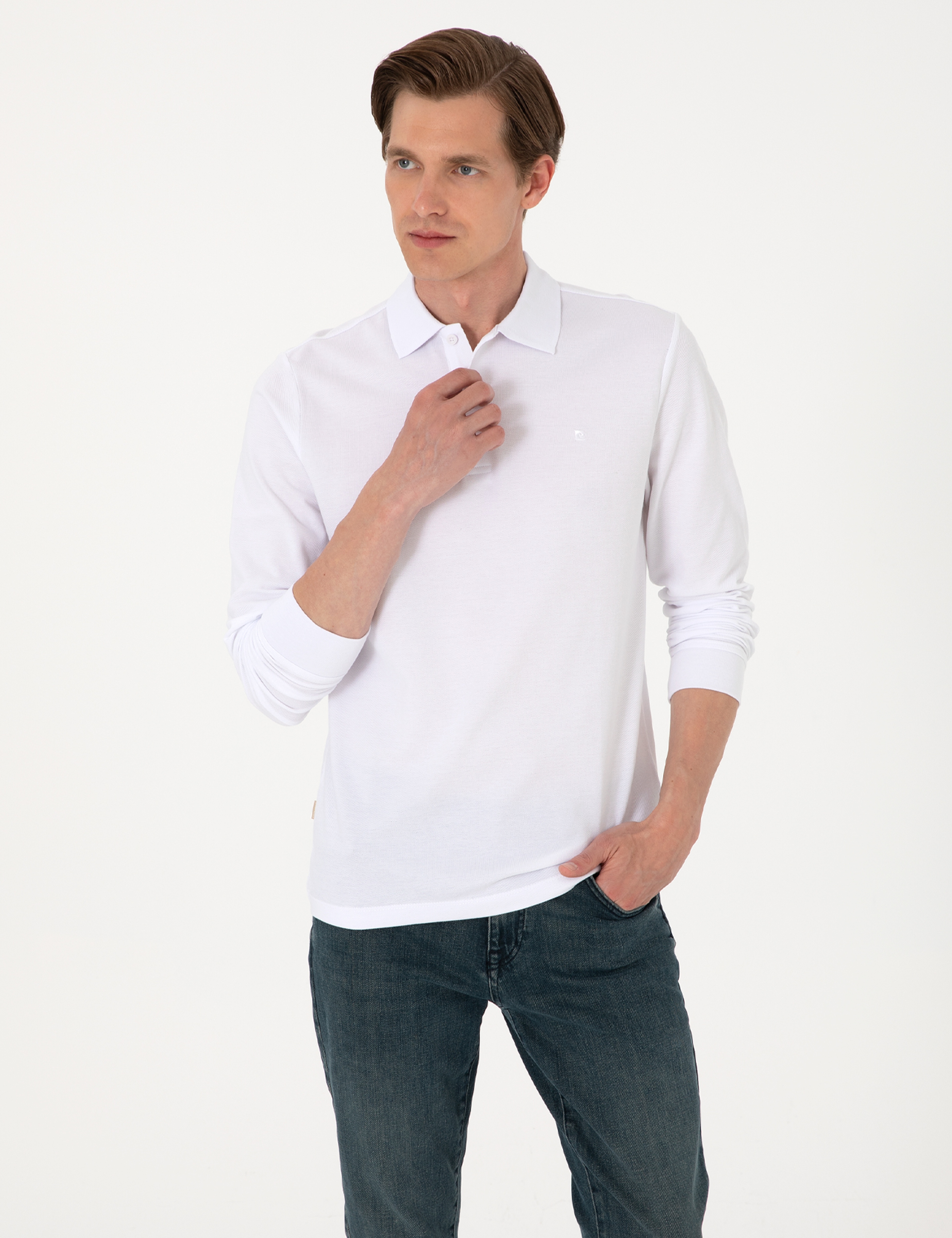 Beyaz Slim Fit Kıvrılmaz Polo Yaka Basic Pike Sweatshirt - Image 1