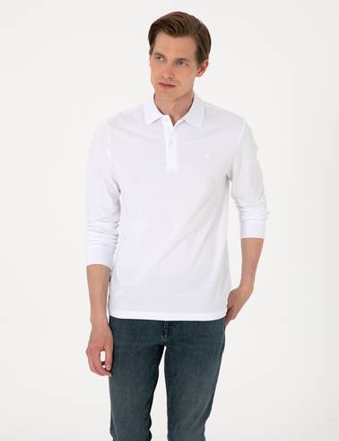 Beyaz Slim Fit Kıvrılmaz Polo Yaka Basic Pike Sweatshirt