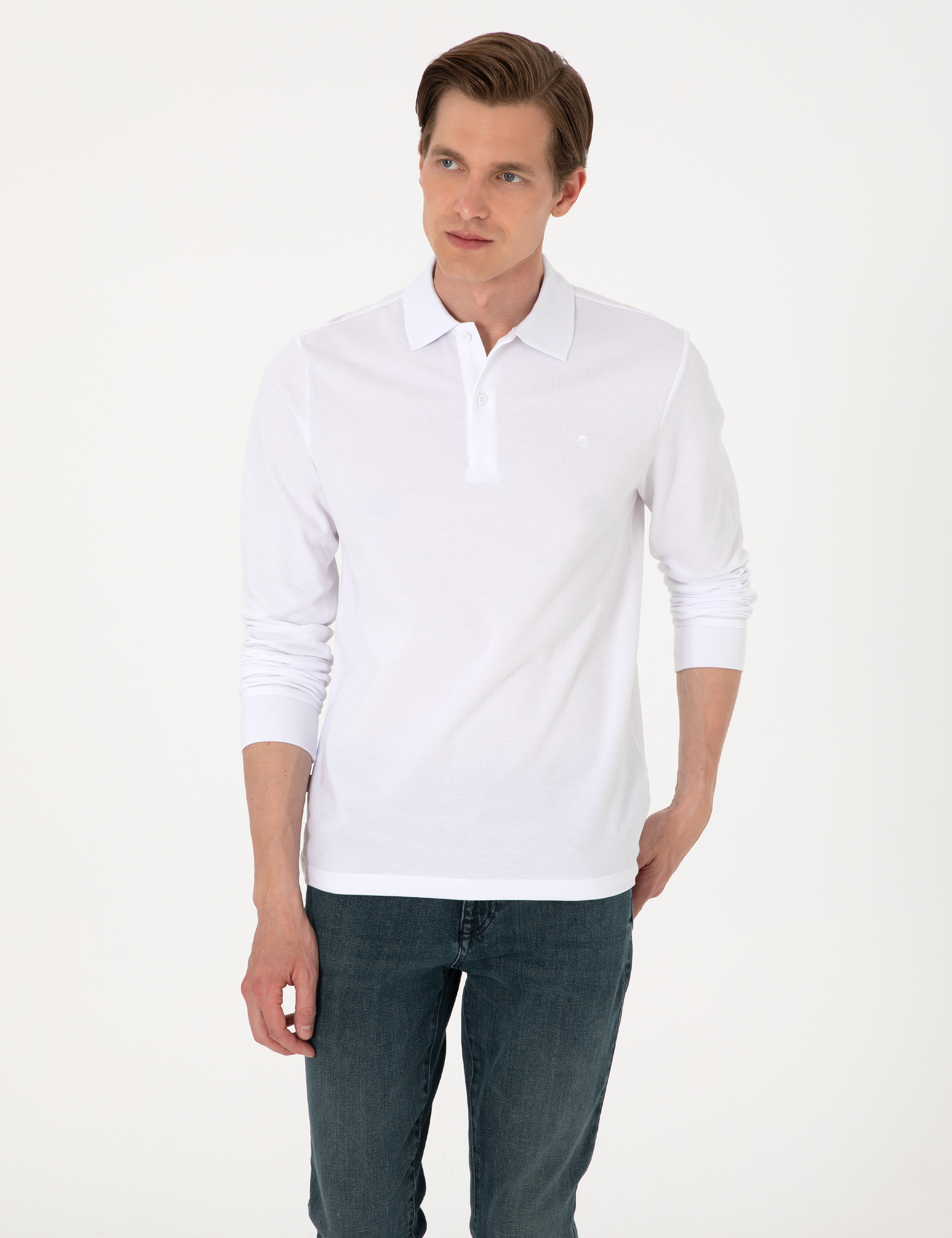 Beyaz Slim Fit Kıvrılmaz Polo Yaka Basic Pike Sweatshirt