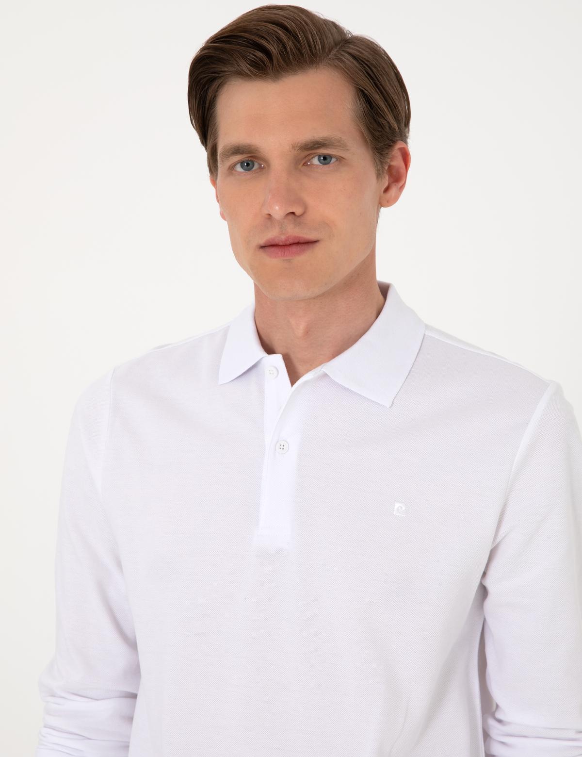 Beyaz Slim Fit Kıvrılmaz Polo Yaka Basic Pike Sweatshirt - 50314048042