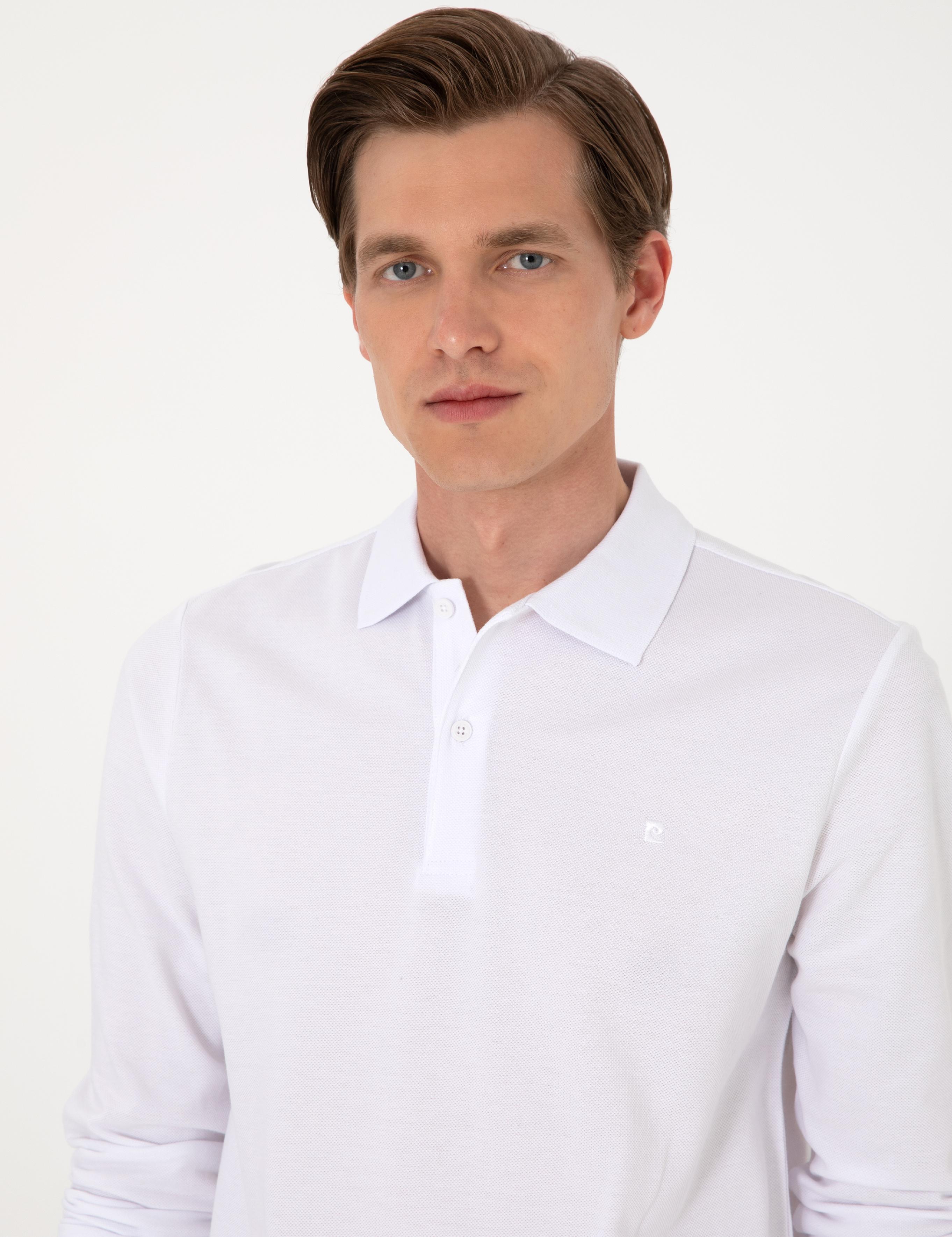 Beyaz Slim Fit Kıvrılmaz Polo Yaka Basic Pike Sweatshirt