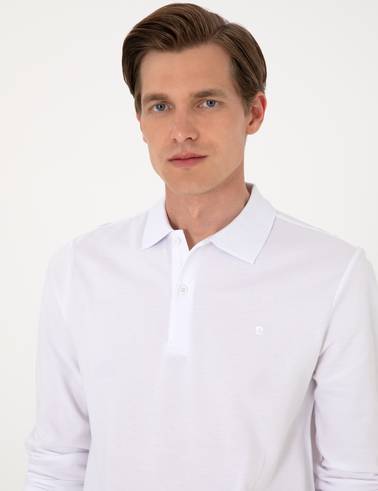 Beyaz Slim Fit Kıvrılmaz Polo Yaka Basic Pike Sweatshirt
