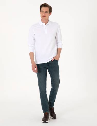 Beyaz Slim Fit Kıvrılmaz Polo Yaka Basic Pike Sweatshirt