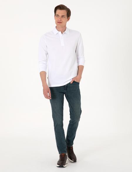 Beyaz Slim Fit Kıvrılmaz Polo Yaka Basic Pike Sweatshirt - 50314048042