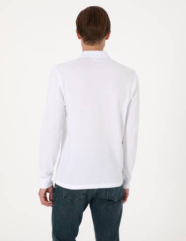 Beyaz Slim Fit Kıvrılmaz Polo Yaka Basic Pike Sweatshirt