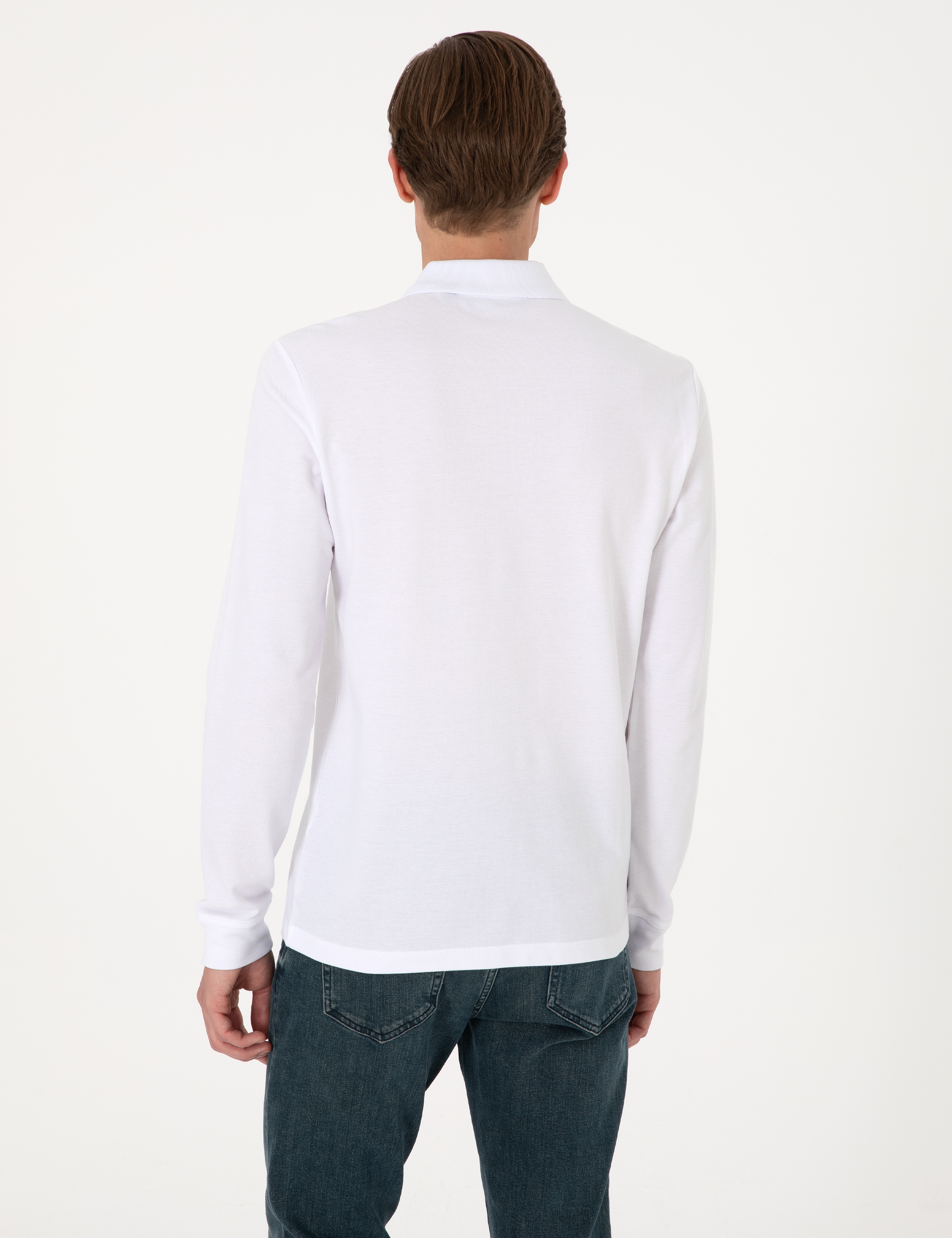 Beyaz Slim Fit Kıvrılmaz Polo Yaka Basic Pike Sweatshirt