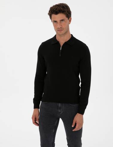Siyah Slim Fit Polo Yaka Fermuarlı Basic Triko Kazak
