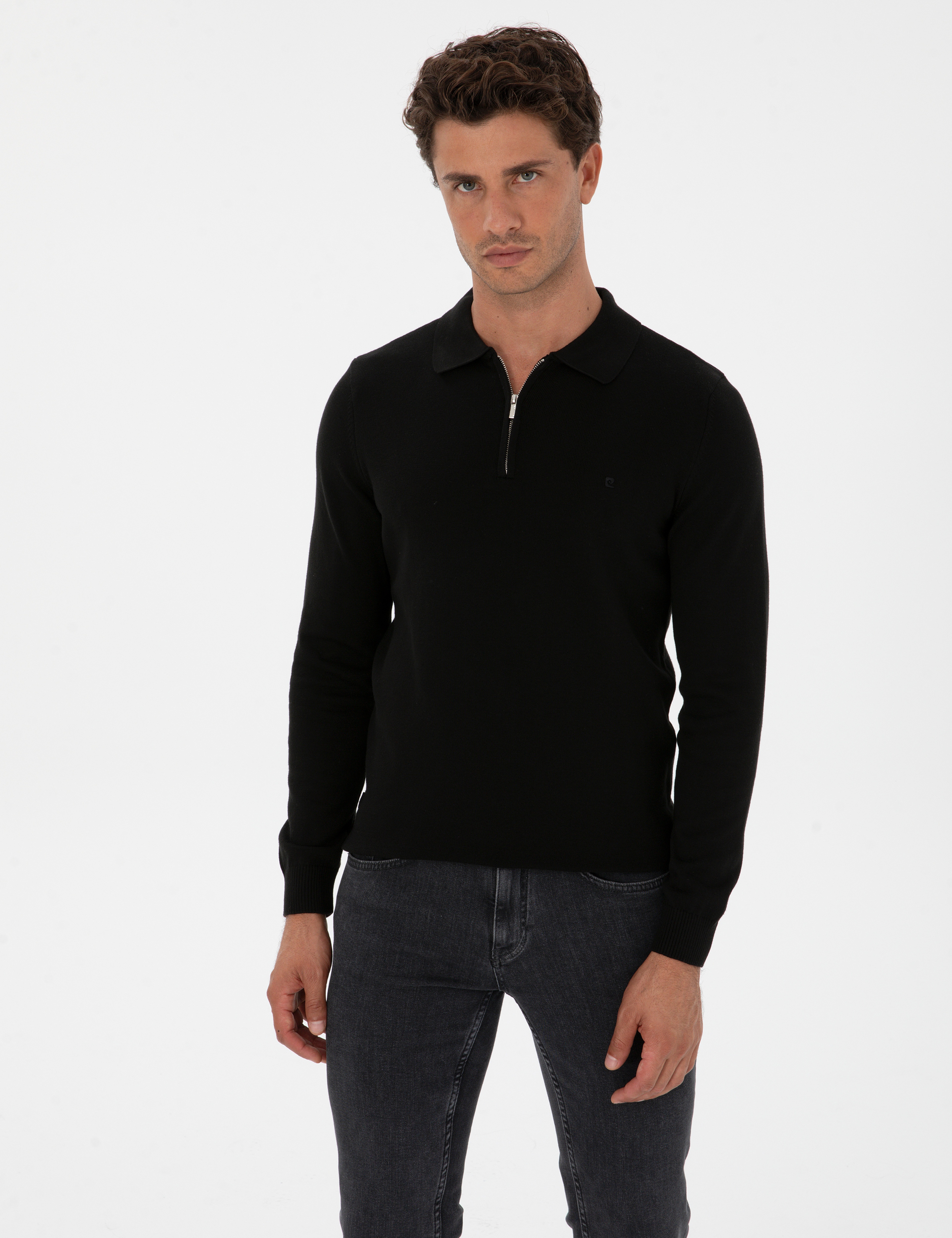 Siyah Slim Fit Polo Yaka Fermuarlı Basic Triko Kazak - Image 3