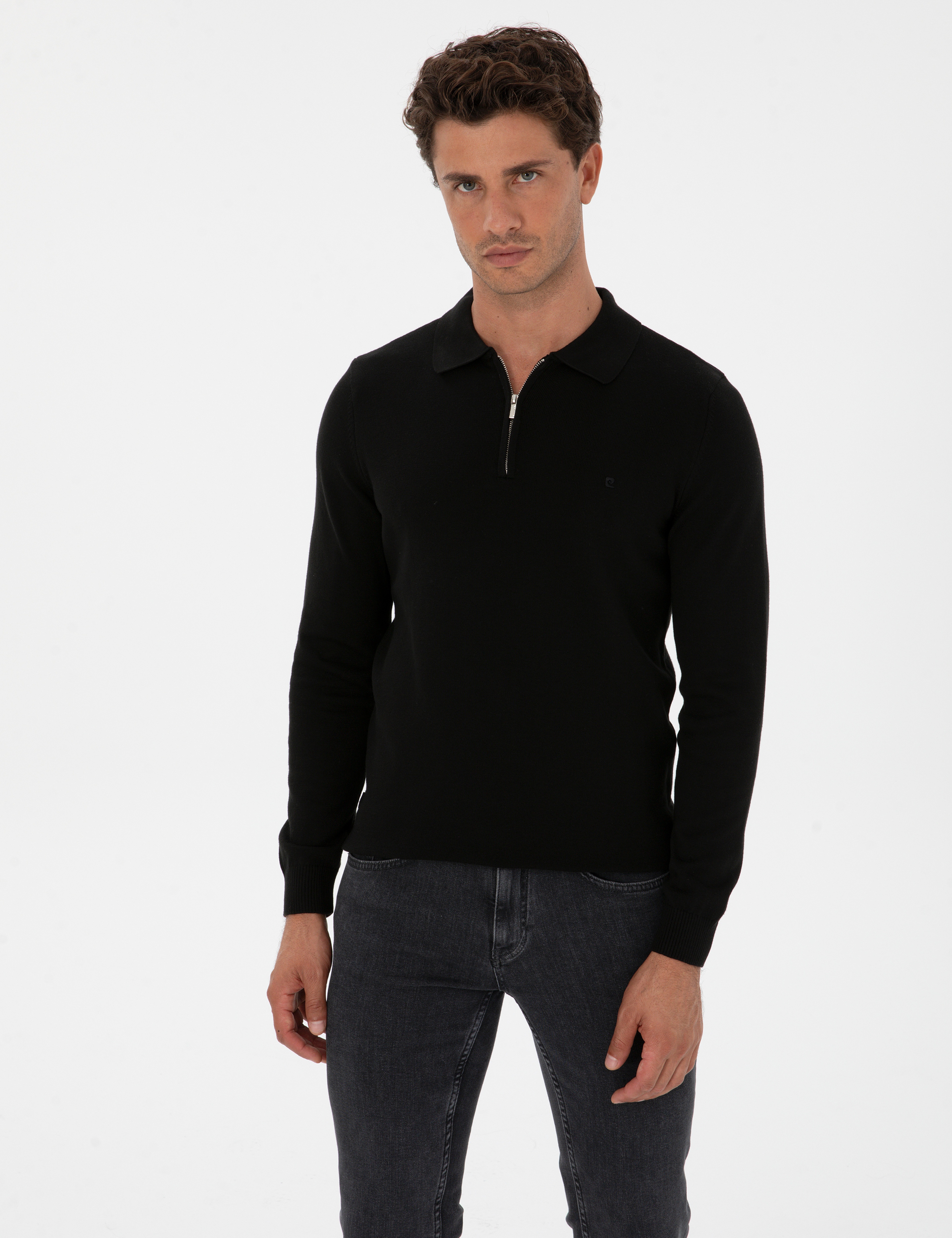 Siyah Slim Fit Polo Yaka Fermuarlı Basic Triko Kazak