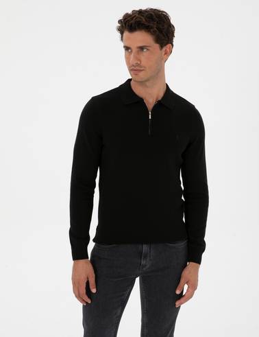 Siyah Slim Fit Polo Yaka Fermuarlı Basic Triko Kazak
