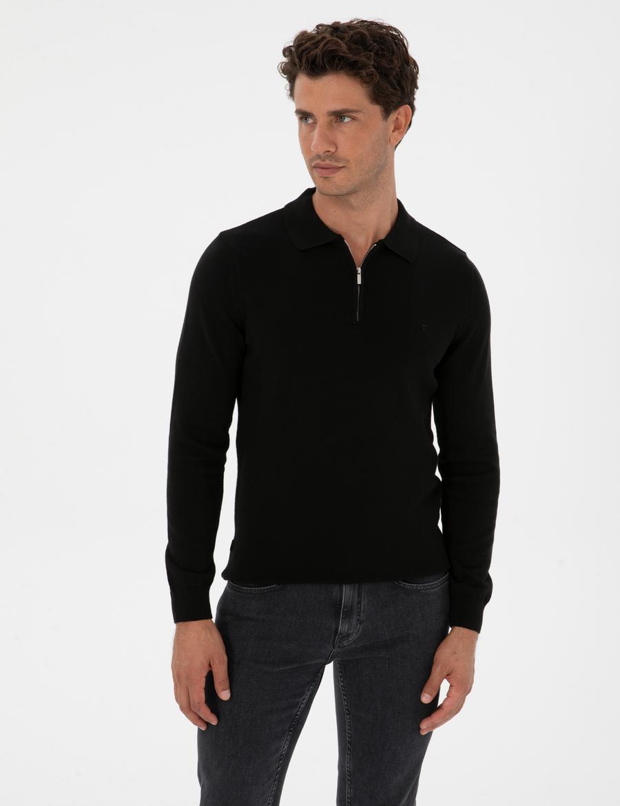 Siyah Slim Fit Polo Yaka Fermuarlı Basic Triko Kazak