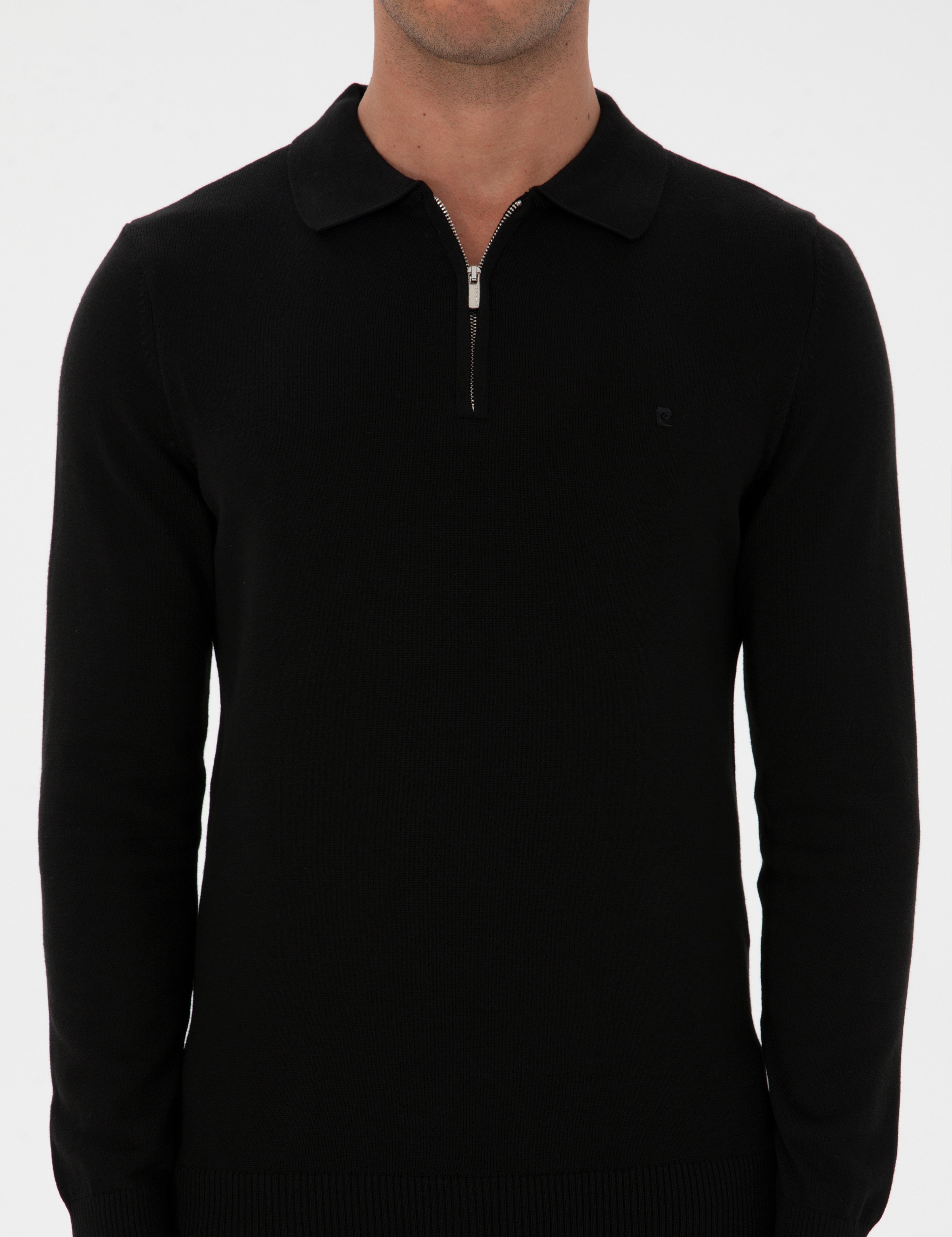 Siyah Slim Fit Polo Yaka Fermuarlı Basic Triko Kazak - Image 6