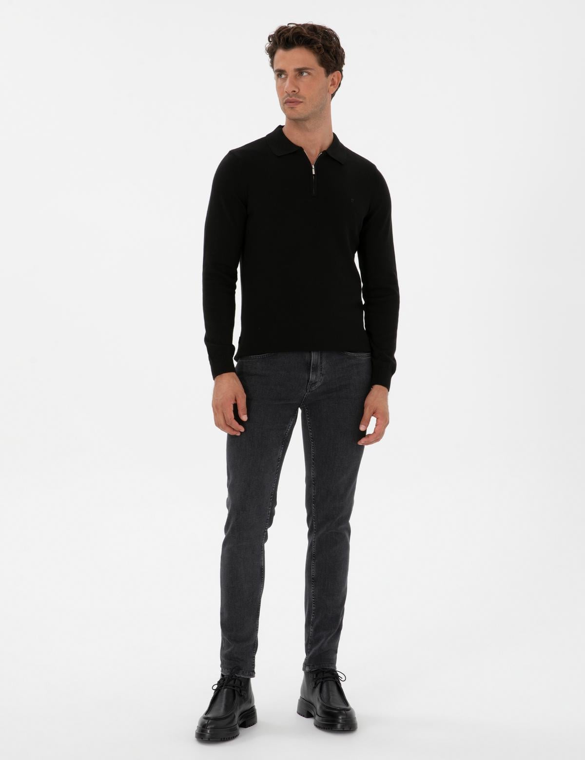 Siyah Slim Fit Polo Yaka Fermuarlı Basic Triko Kazak - 50315406019