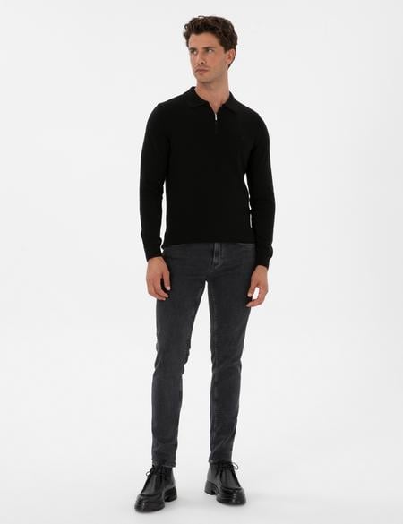 Siyah Slim Fit Polo Yaka Fermuarlı Basic Triko Kazak - 50315406019
