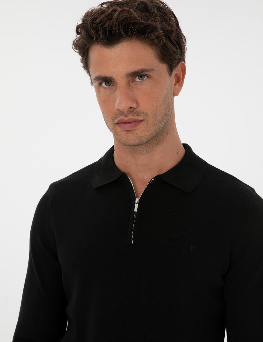 Siyah Slim Fit Polo Yaka Fermuarlı Basic Triko Kazak