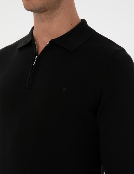 Siyah Slim Fit Polo Yaka Fermuarlı Basic Triko Kazak - 50315406019